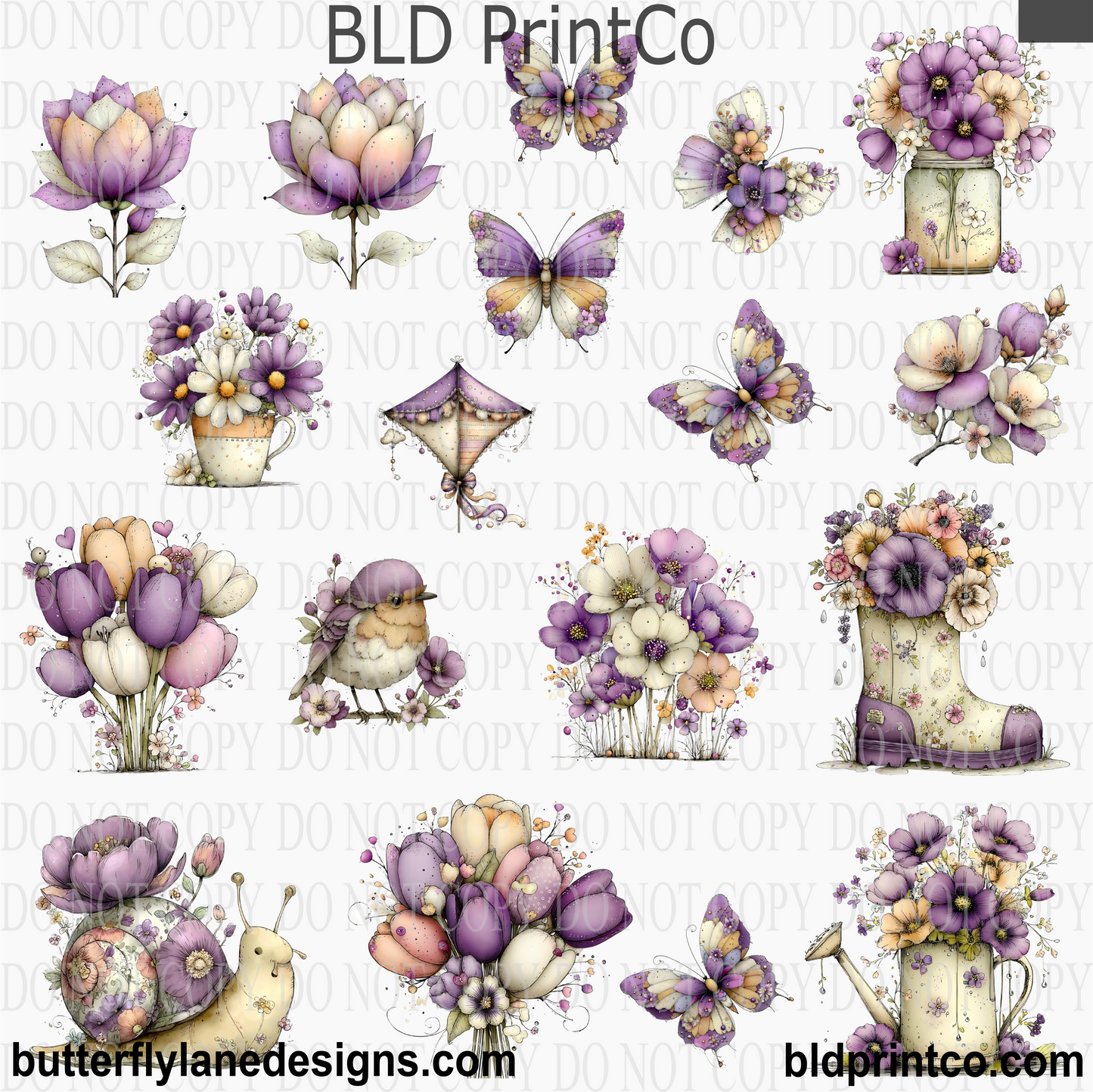 Whimsical Purple Spring Florals | Garden Butterfly & Bird Accents | CAPS78
