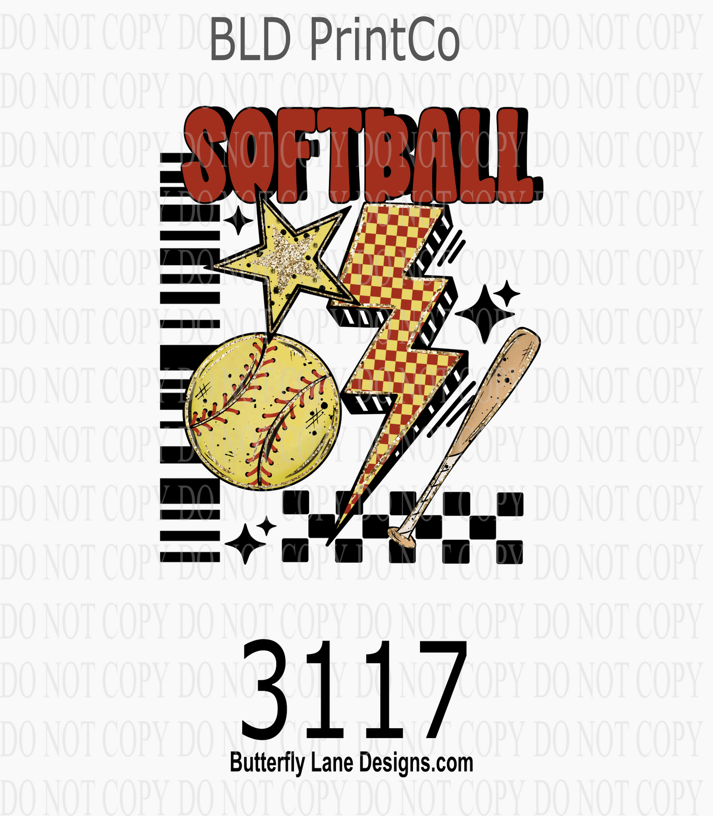 Retro Softball | Glitter Stars & Checkered Lightning Bolt | D3117