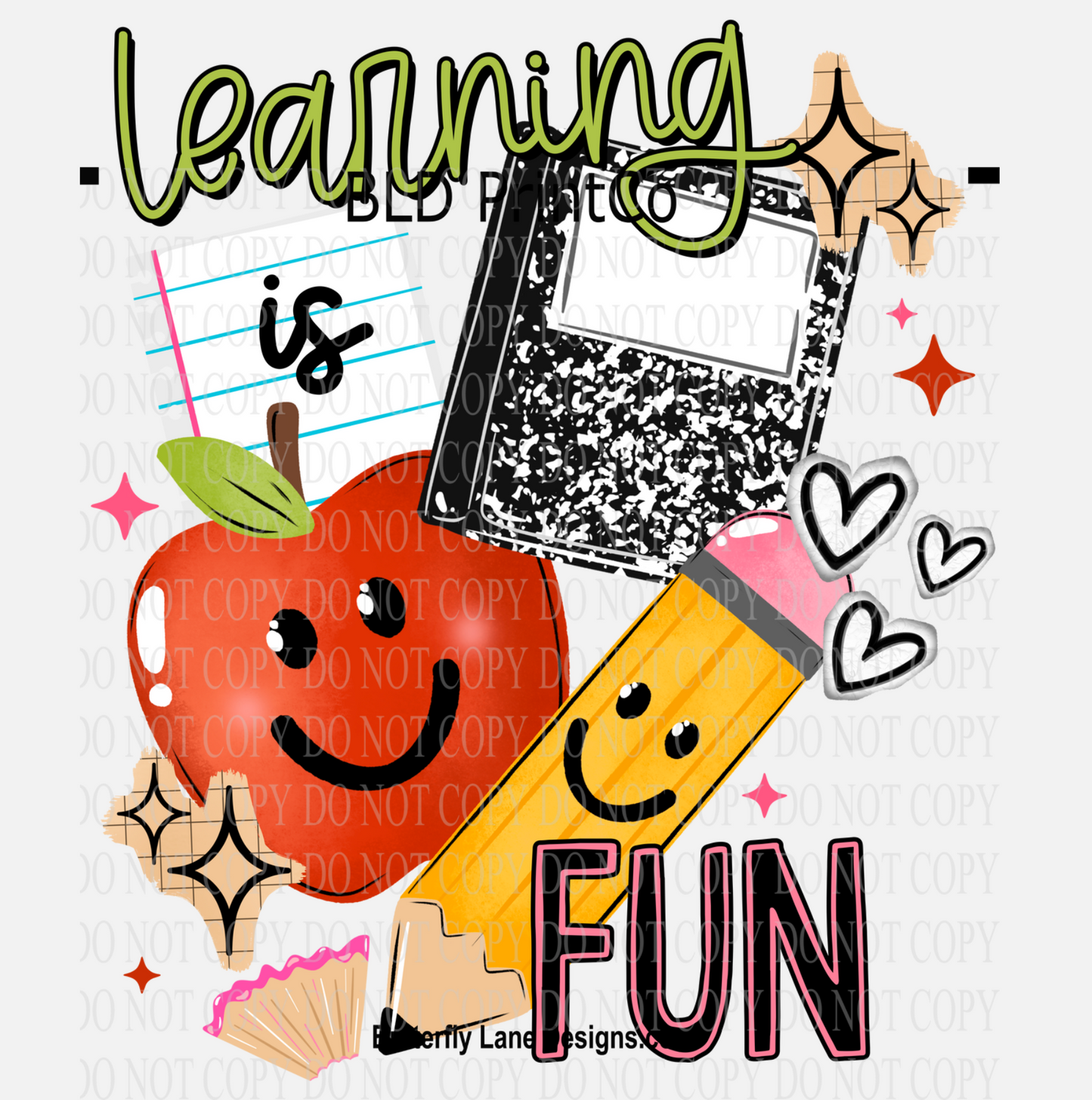 Learning Is Fun | Smiling Apple, Pencil & School Supplies | D3223