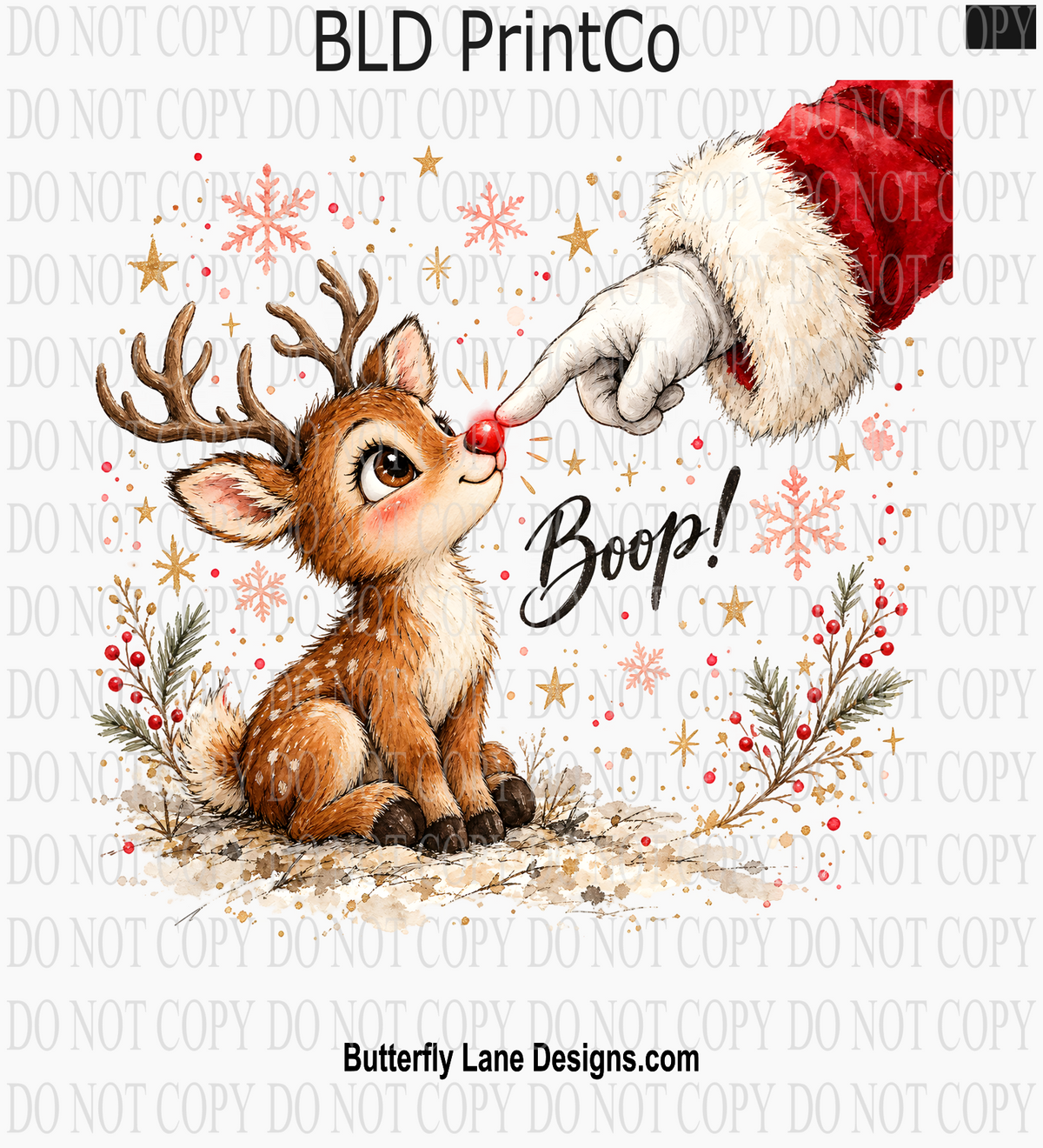 Santa Boop Baby Reindeer | Cute Watercolor Winter Snowflake | D3372