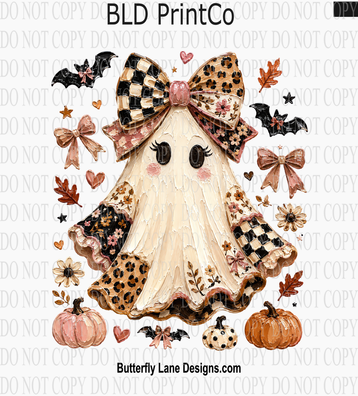 Pretty Oil Painted Bow Ghost | Coquette Checkered Leopard Halloween | D3385