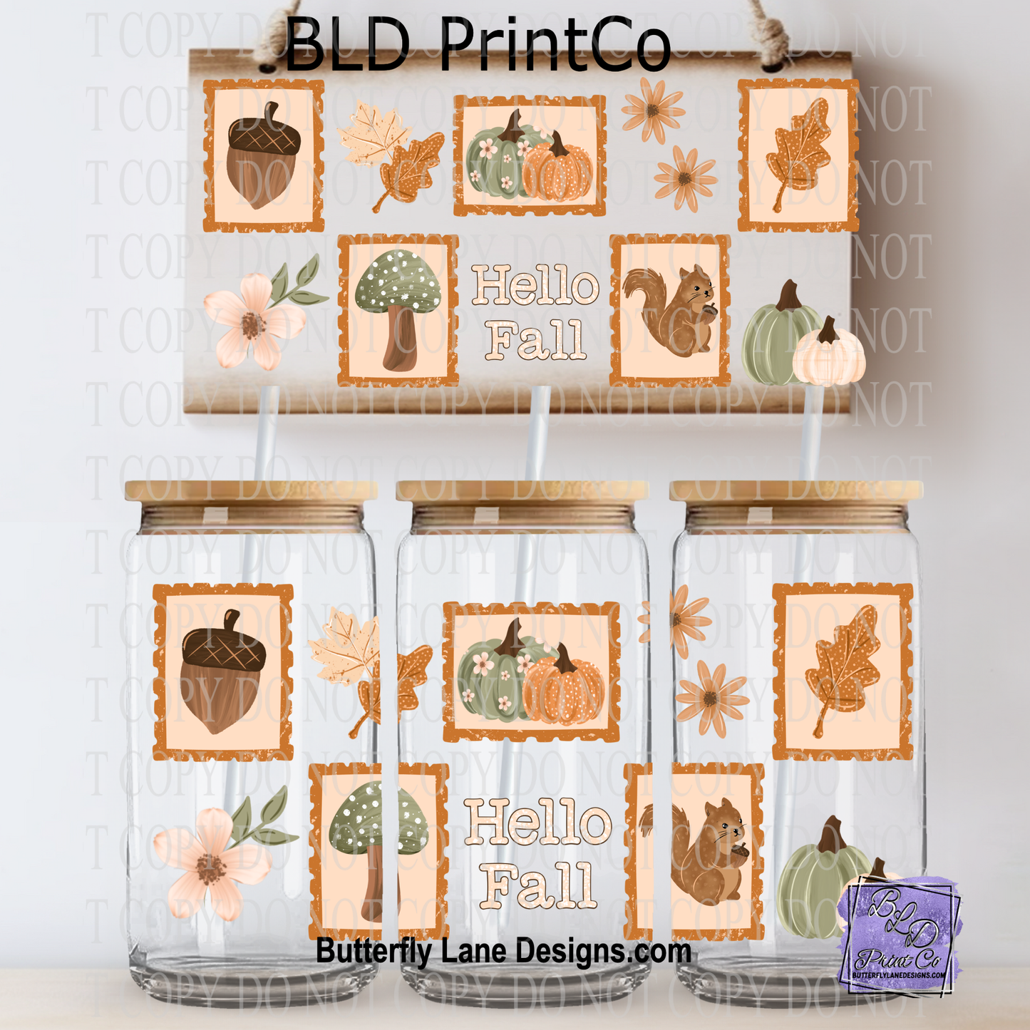 Hello Fall Postage Stamp Theme | Pumpkins & Squirrel | L1080