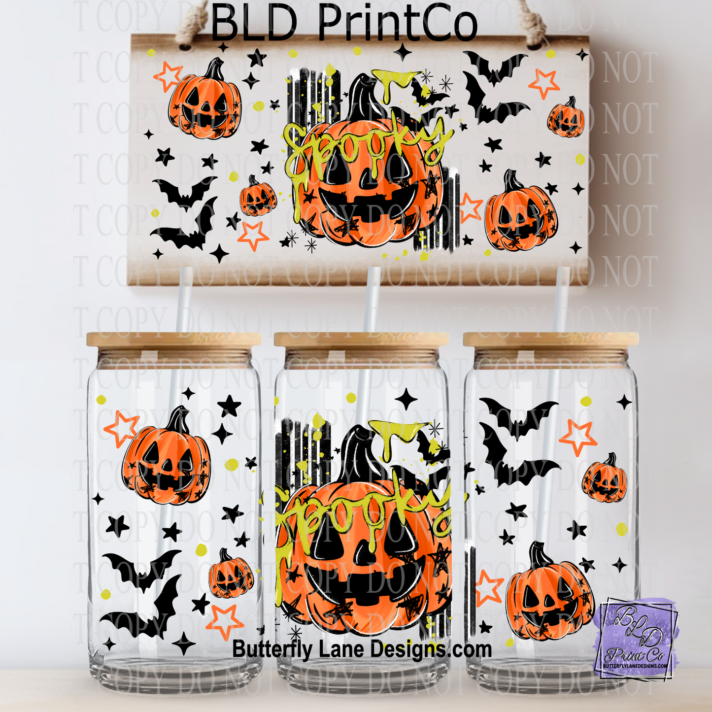 Spooky Jack-O-Lantern Pumpkins | Flying Bats & Stars Halloween | L1090