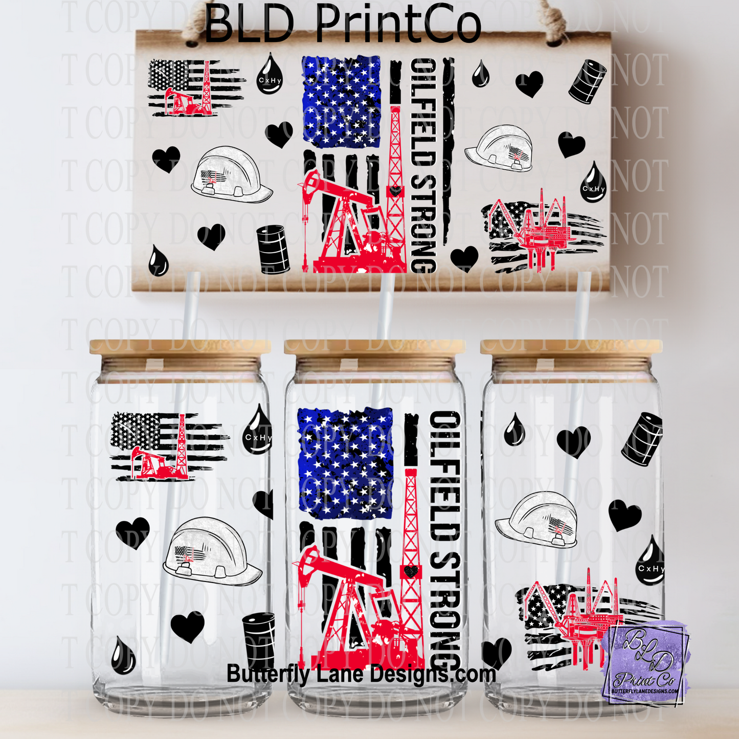 Oilfield Strong | American Flag, Oil Rig & Hard Hat Elements | L987