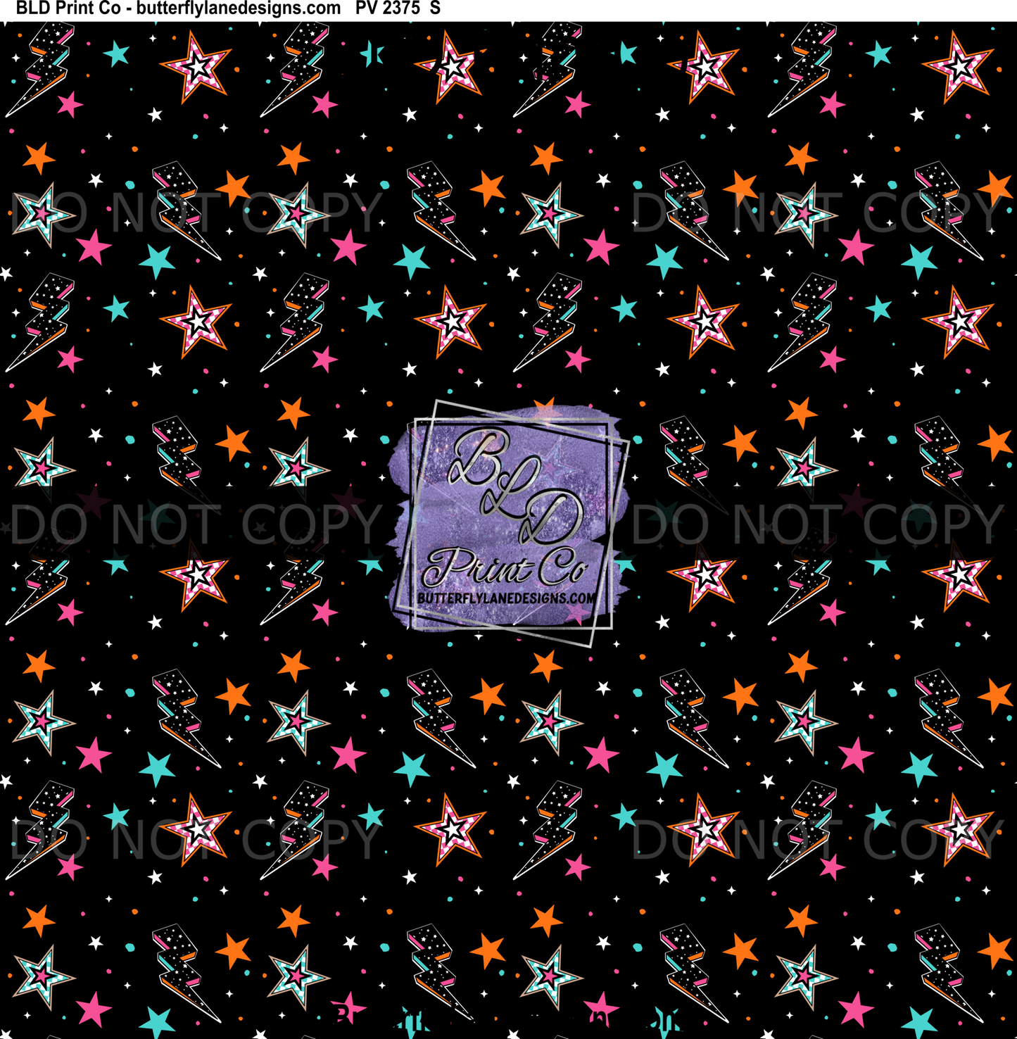 Dark Stars and Bolts Print | Neon Celestial and Lightning Design | PV 2375