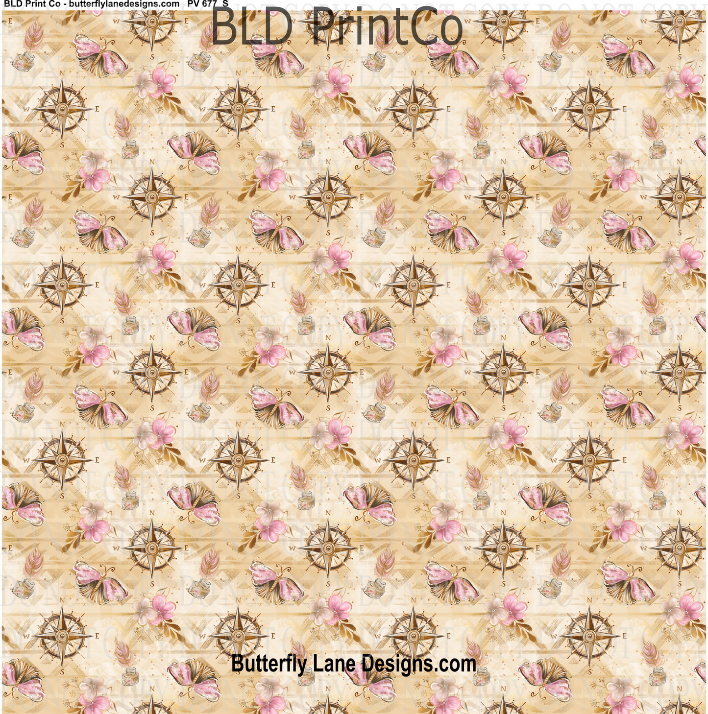 Rose Compass with butterflies Beige Pink & Cream  with gold accent  PV 677   Patterned Vinyl