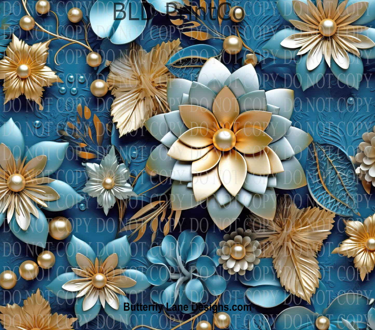 W130 3D Effect Teal-Gold Floral with pearls: Tumbler wrap