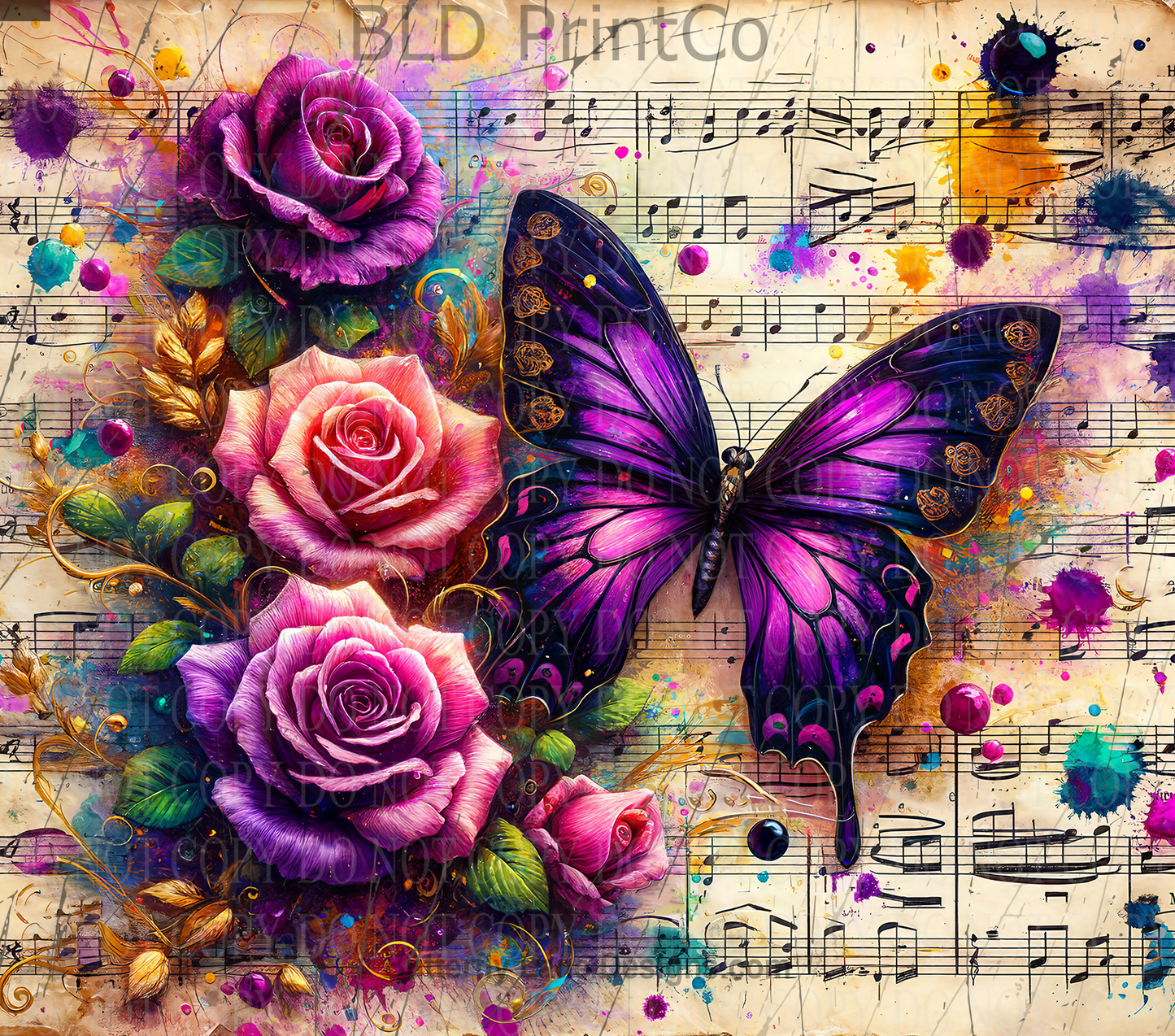 W238 Butterfly Florals on Sheet music: Tumbler wrap