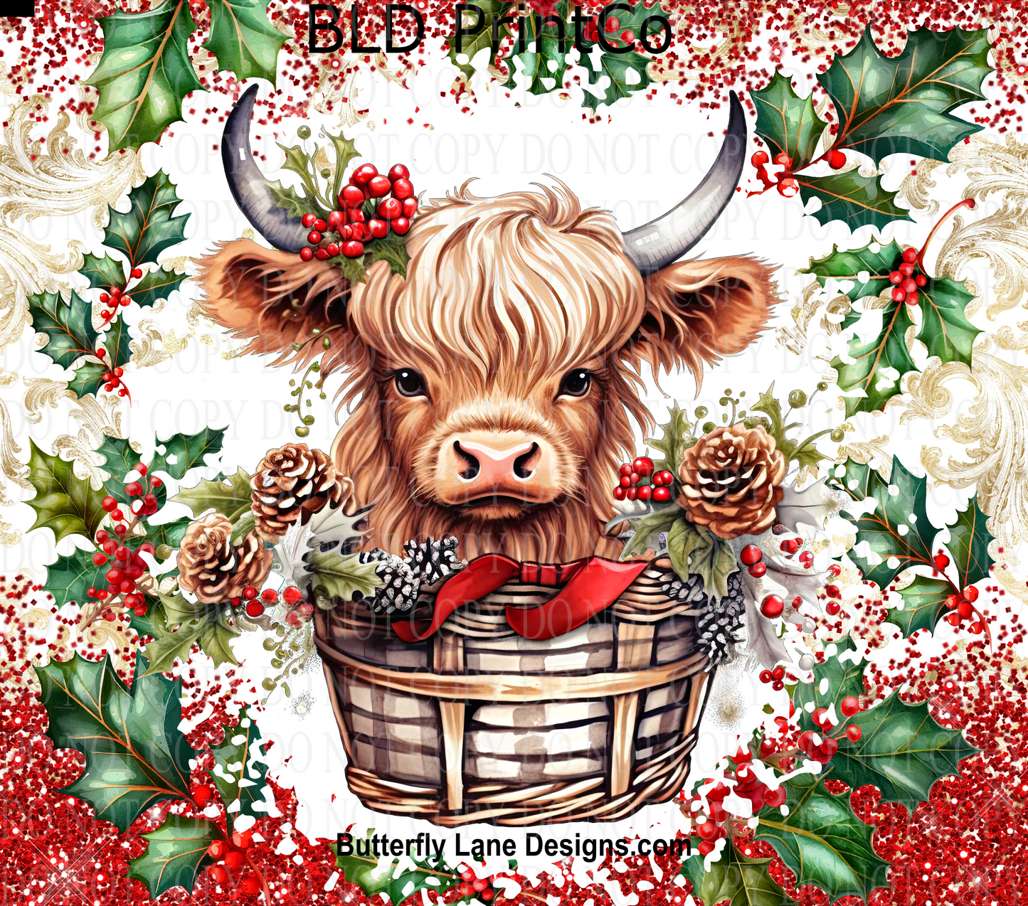 W373 Christmas highland cow in a basket
