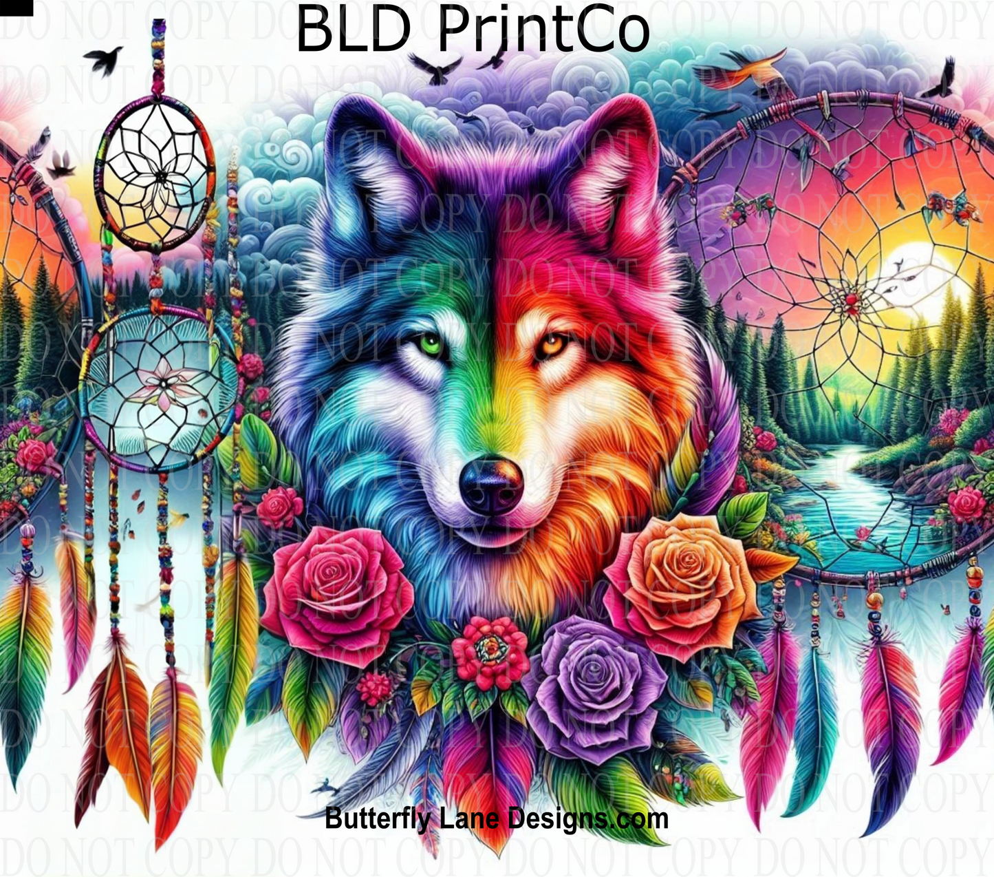 W493 Bright Rainbow colored Dreamcatcher Wolf