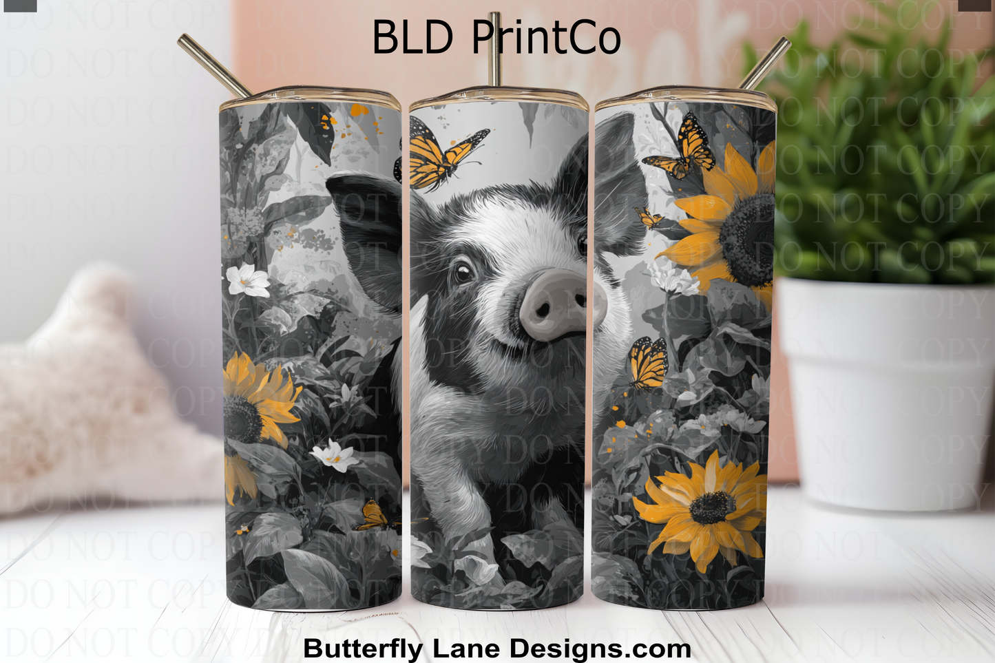 W857 Piglet with sunflowers