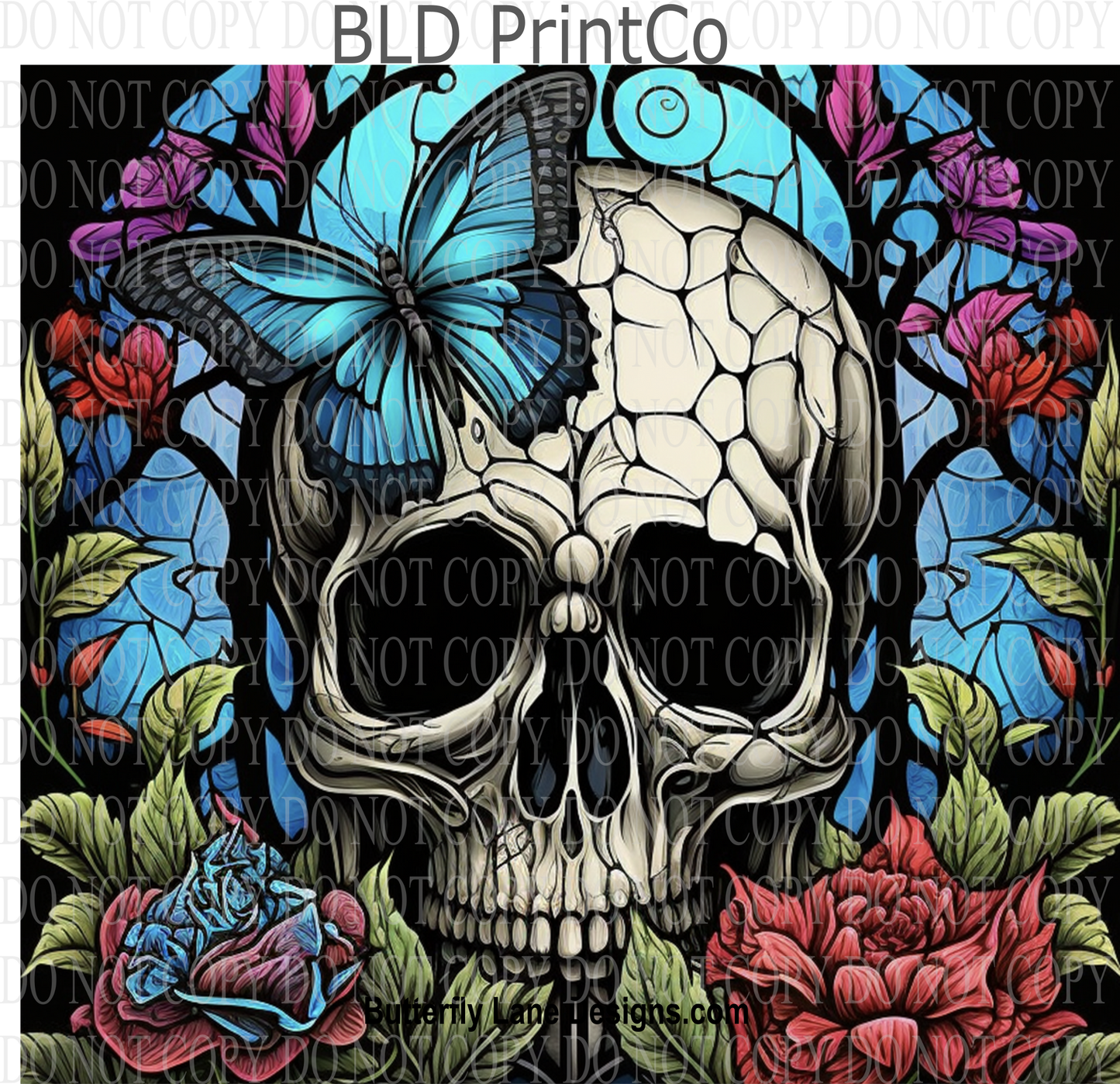 Stained Glass Effect- Skull with florals W93