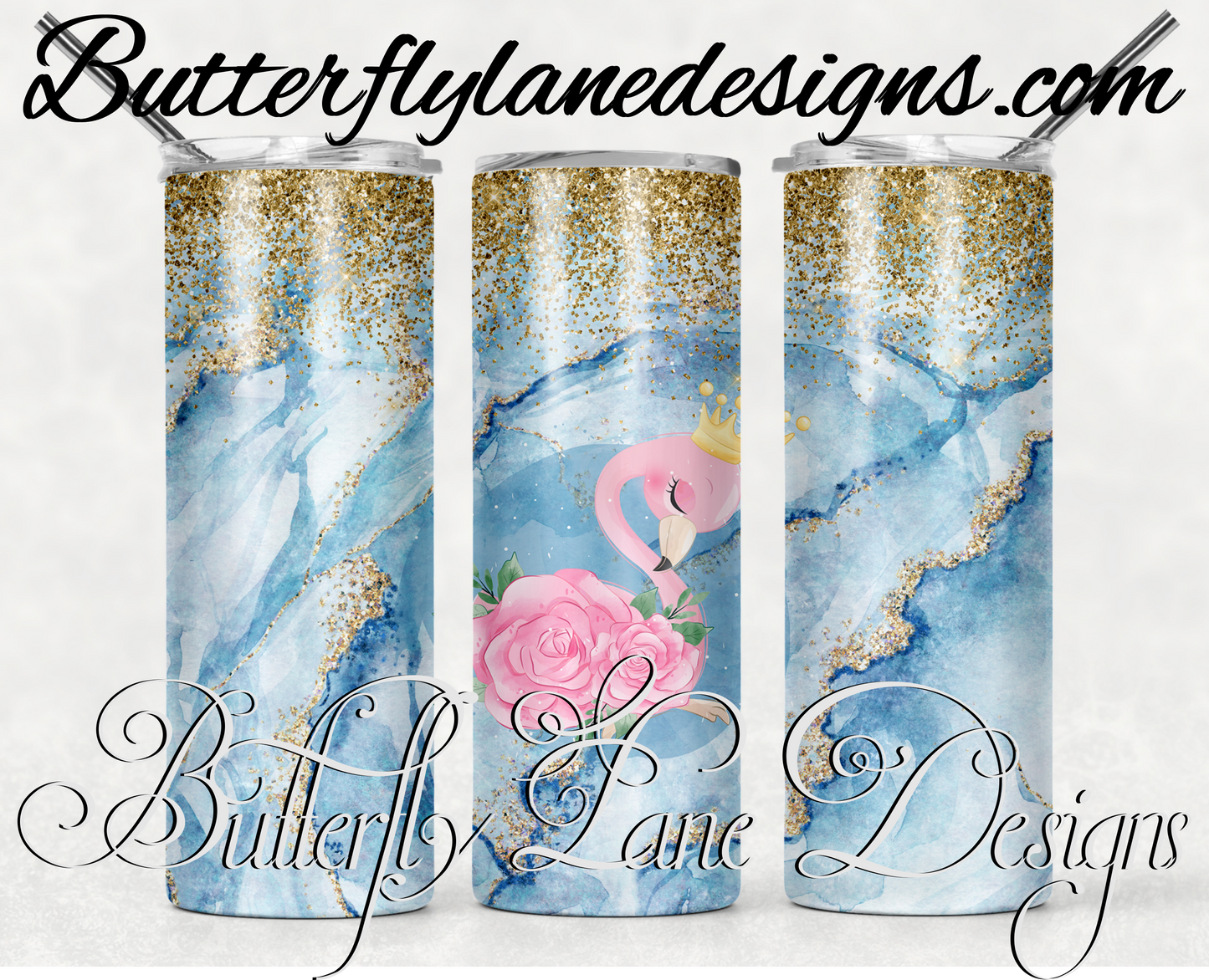 Pink flamingo-blue with gold overlay-123-WM :: White Cast Tumbler wrap