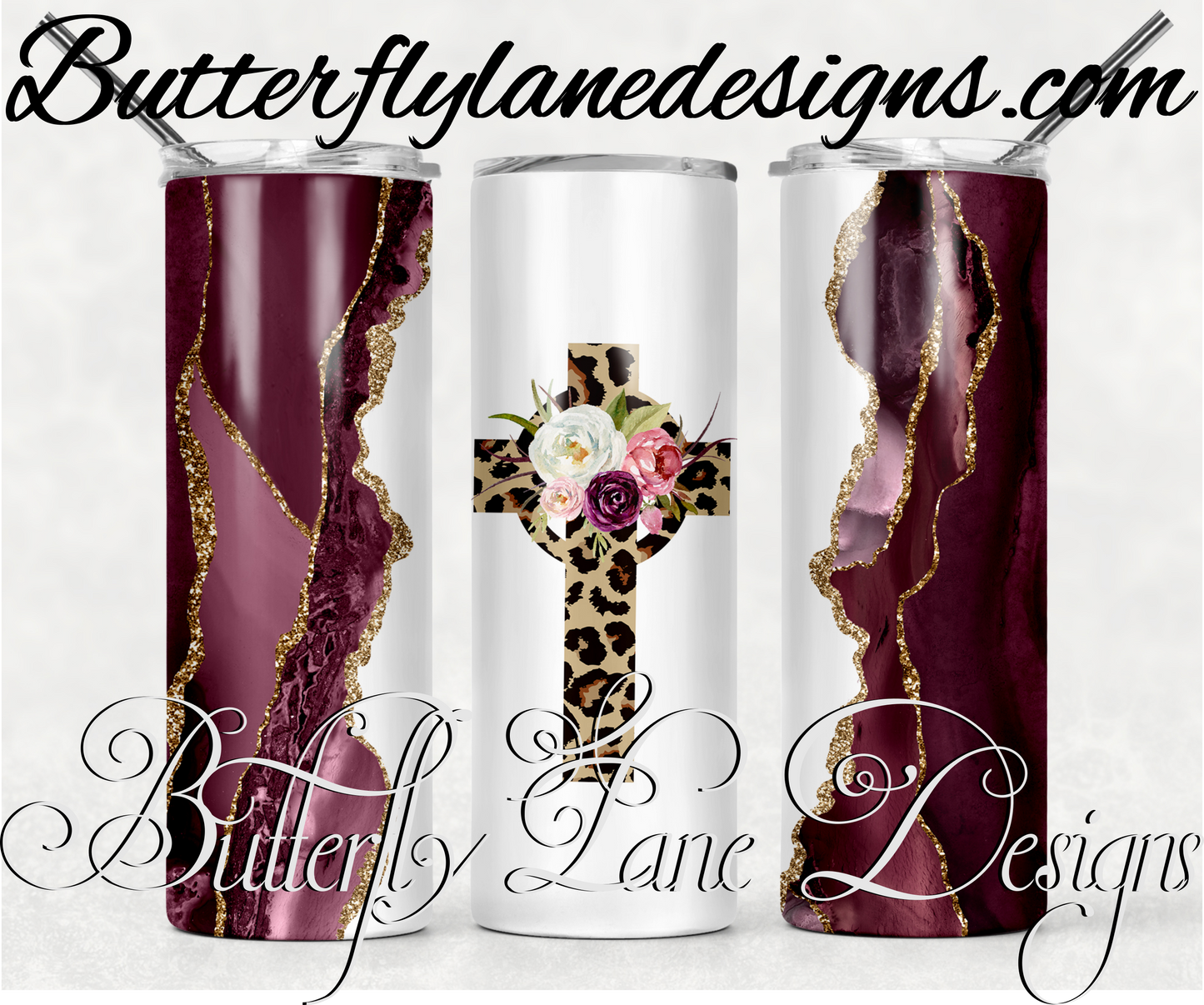 Leopard print cross with flowers-Burgundy Agate -133 WM:: White Cast Tumbler wrap