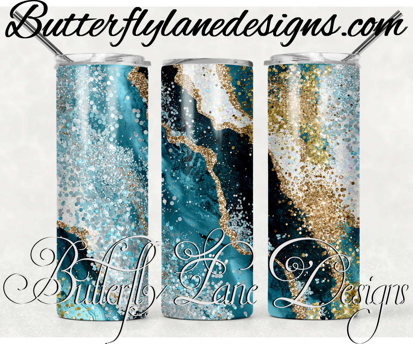 Aqua glitter and gold overlay-203-WM :: White Cast Tumbler wrap