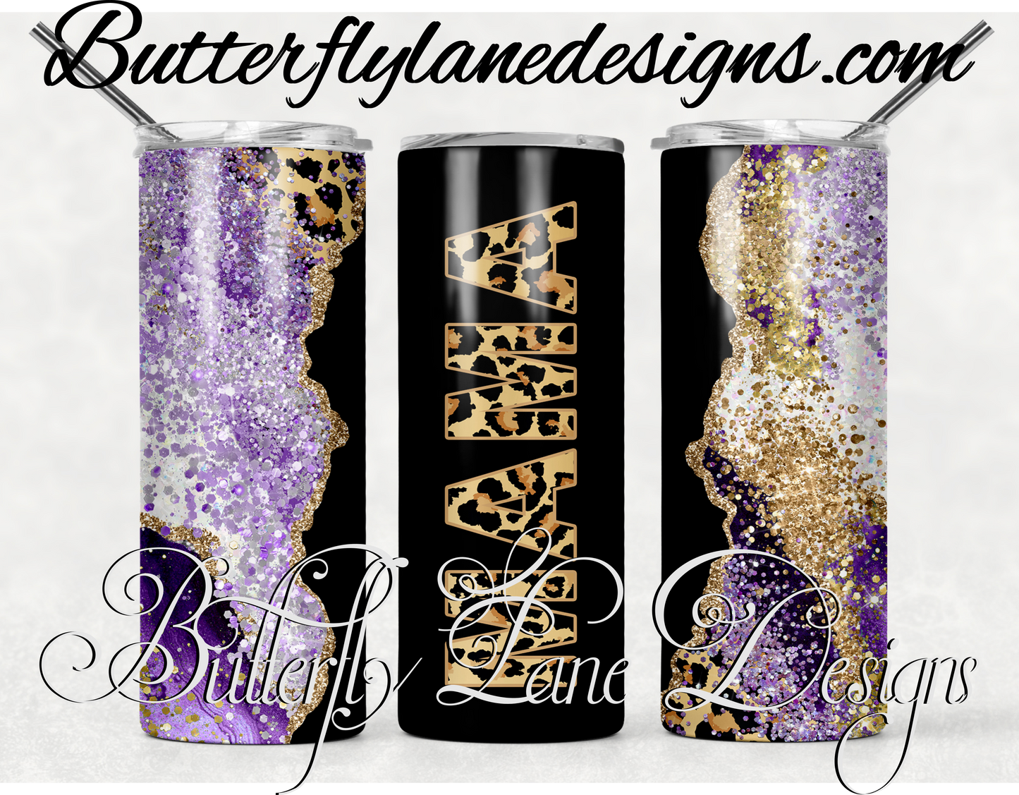 Purple Gold-grey marble-black glitter mama, leopard print-264-WM :: White Cast Tumbler wrap
