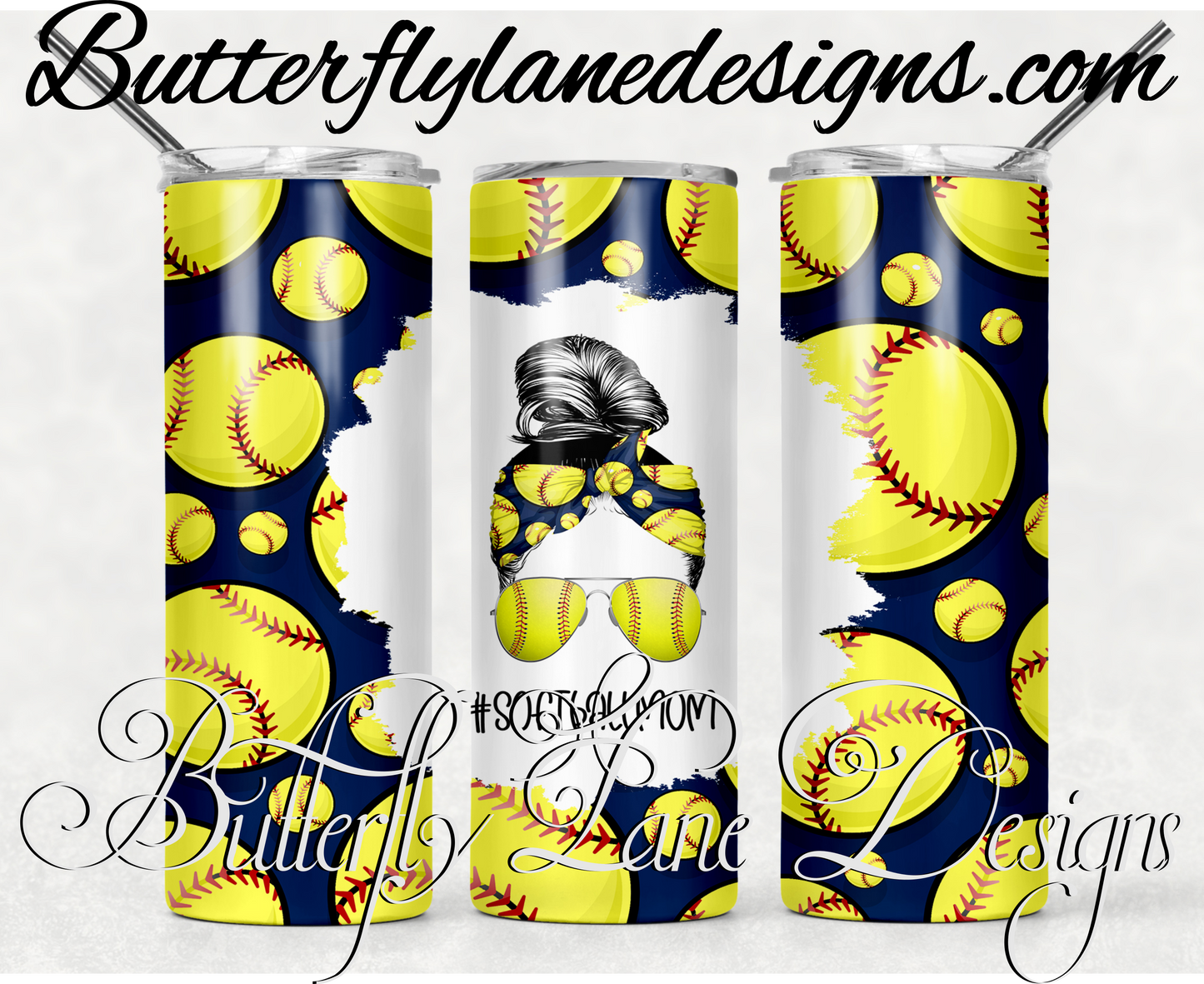 Navy blue messy bun softball mom-344-WM :: White Cast Tumbler wrap