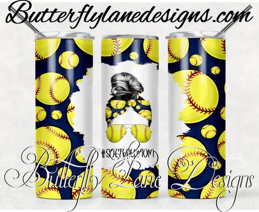 Navy blue messy bun softball mom-344-WM :: White Cast Tumbler wrap