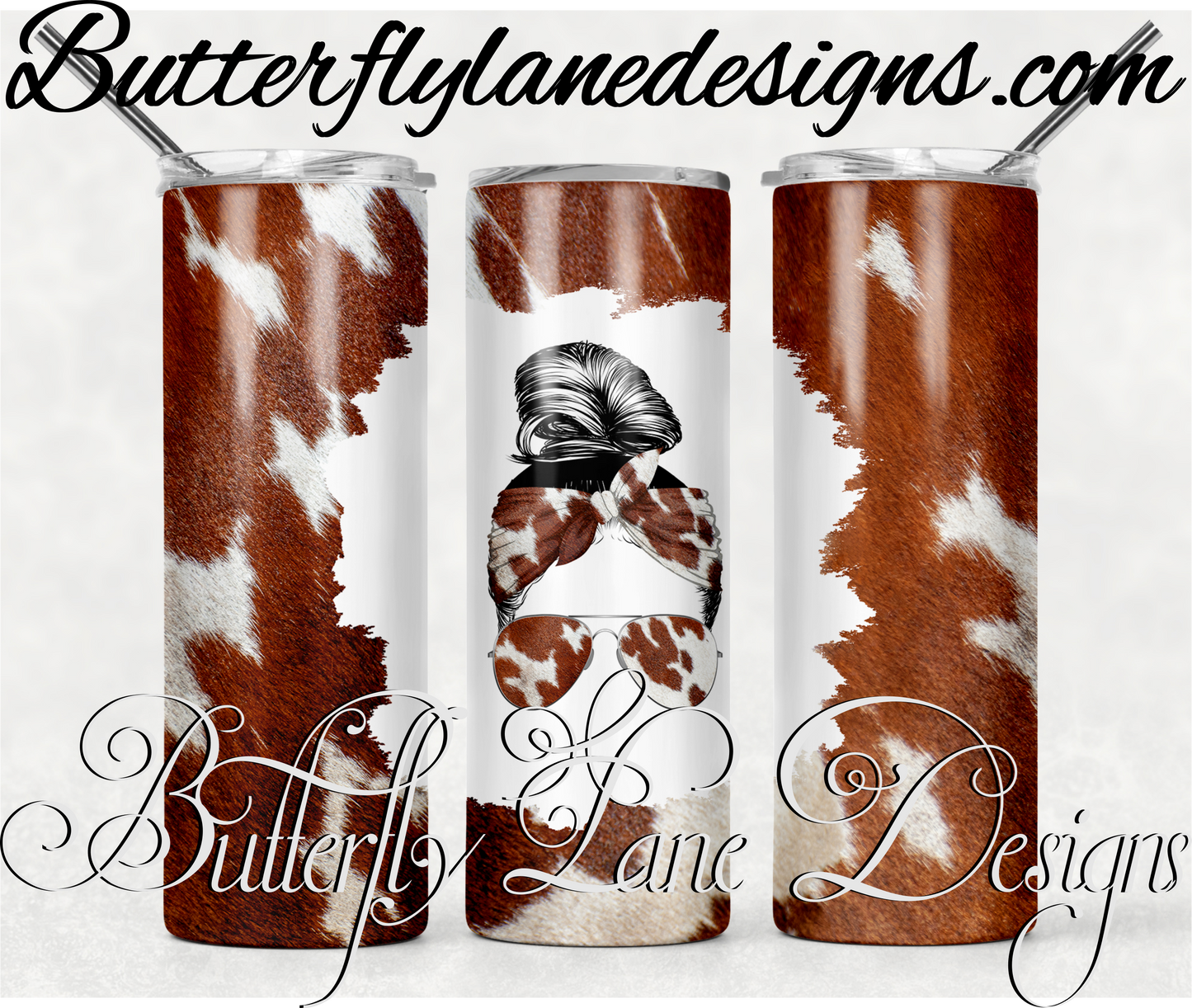 Cow hide mom messy bun-348-WM :: White Cast Tumbler wrap