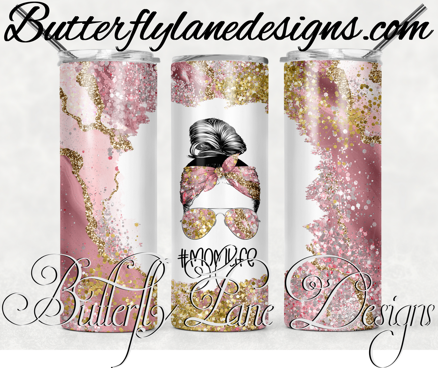 Pink-light pink-gold glitter-messy bun-mom life-365-WM :: White Cast Tumbler wrap