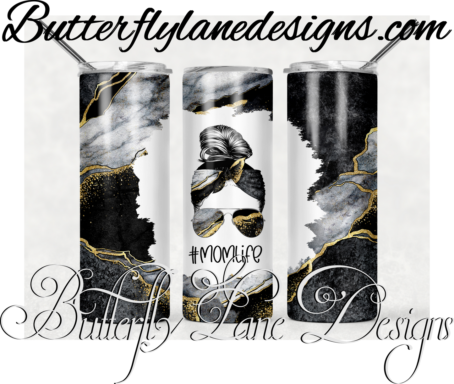Black-grey gold marble-Mom life-messy bun-366-WM :: White Cast Tumbler wrap