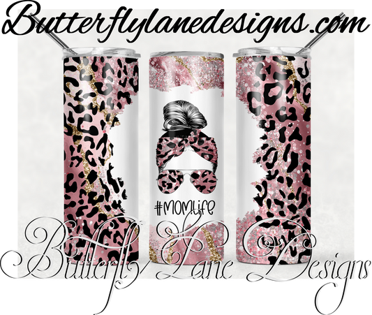 Mom life messy bun-Pink leopard print gold inlay-369-WM :: White Cast Tumbler wrap