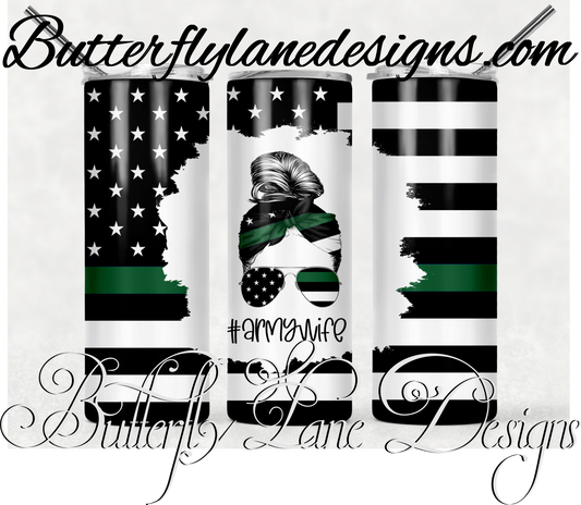 Army Wife-Messy bun--Green line-377-WM :: White Cast Tumbler wrap
