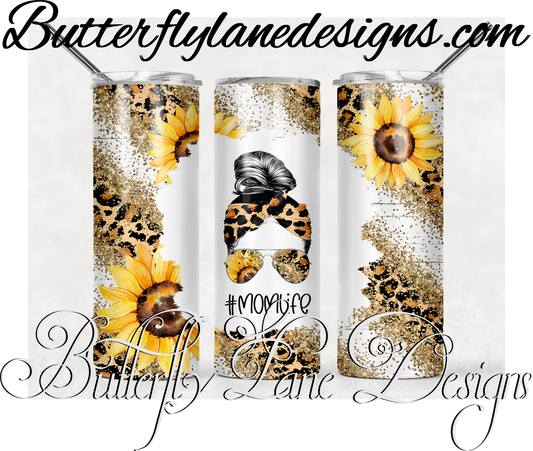 Sunflower leopard print gold glitter- Messy Bun-389-WM :: White Cast Tumbler wrap