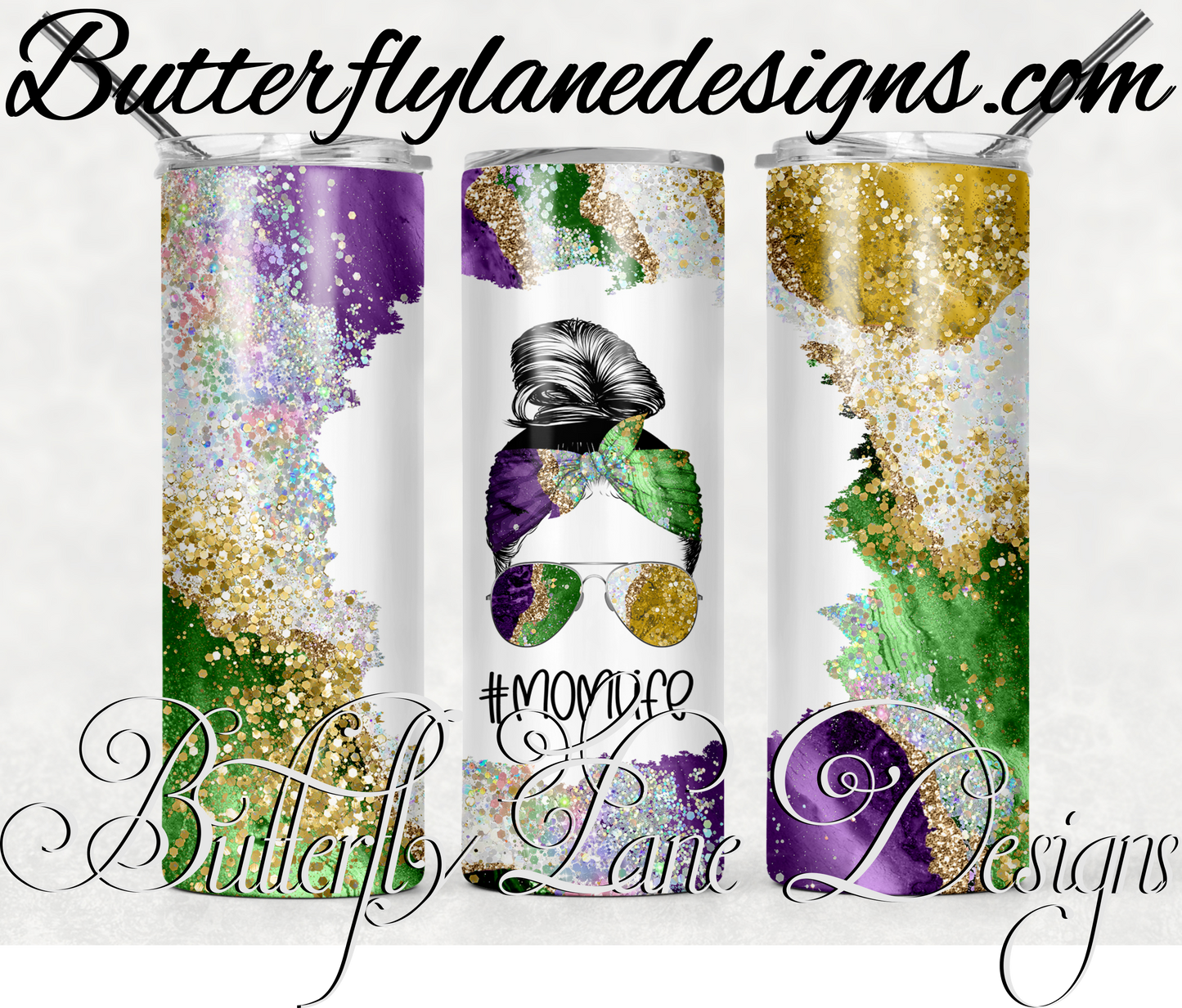 Green-blue-purple Madi Gras-Messy Bun-400-WM :: White Cast Tumbler wrap