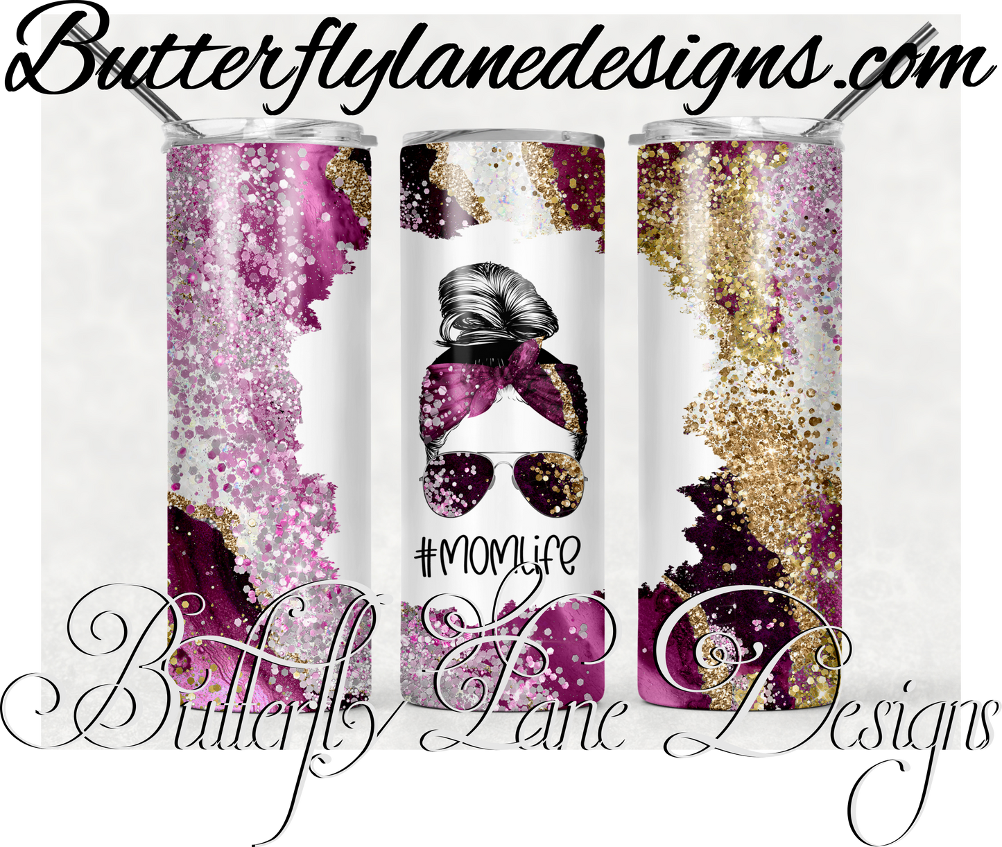 Pink glitter messy bun-402-WM :: White Cast Tumbler wrap