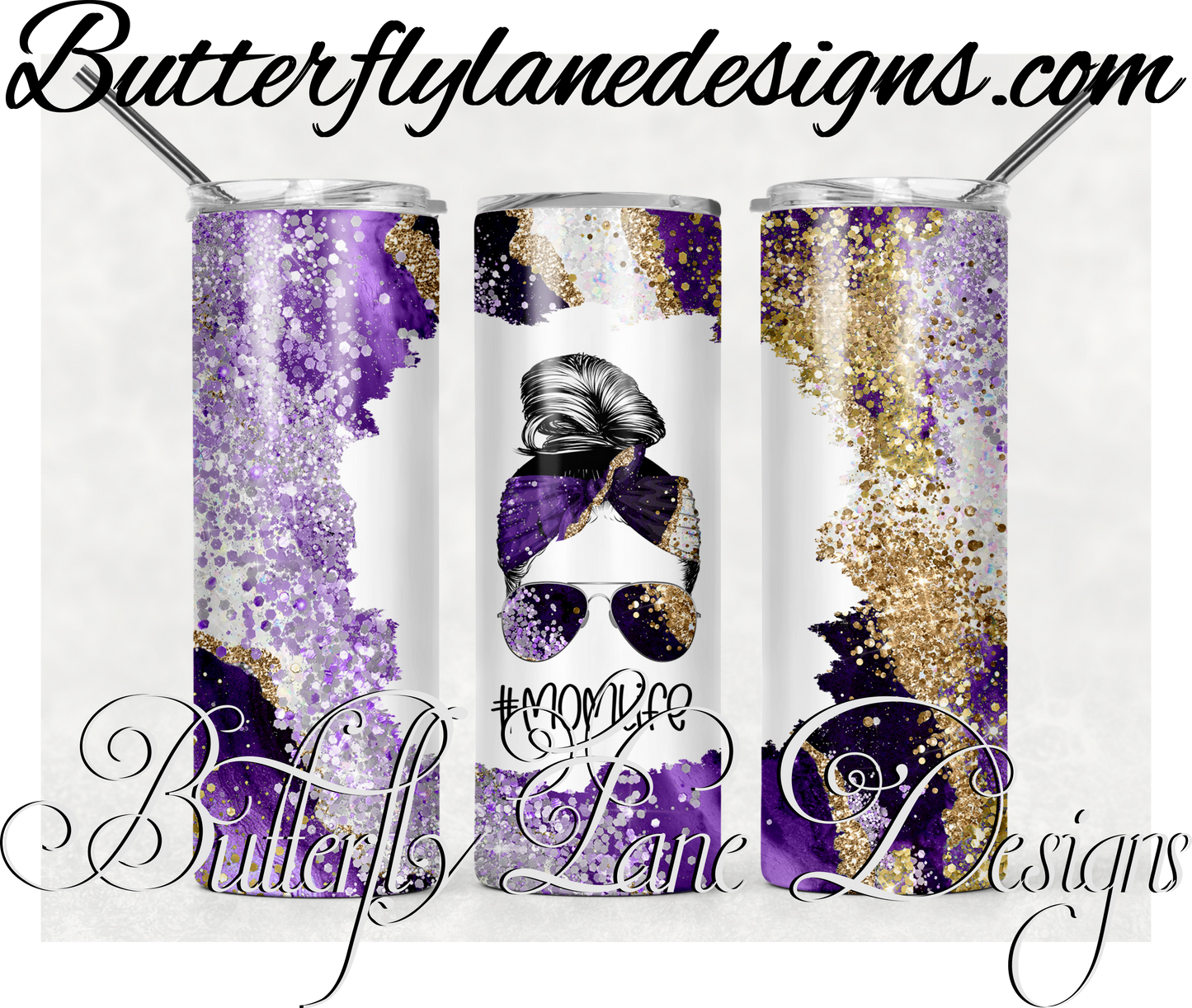 Purple glitter mom life-messy bun-403-WM :: White Cast Tumbler wrap