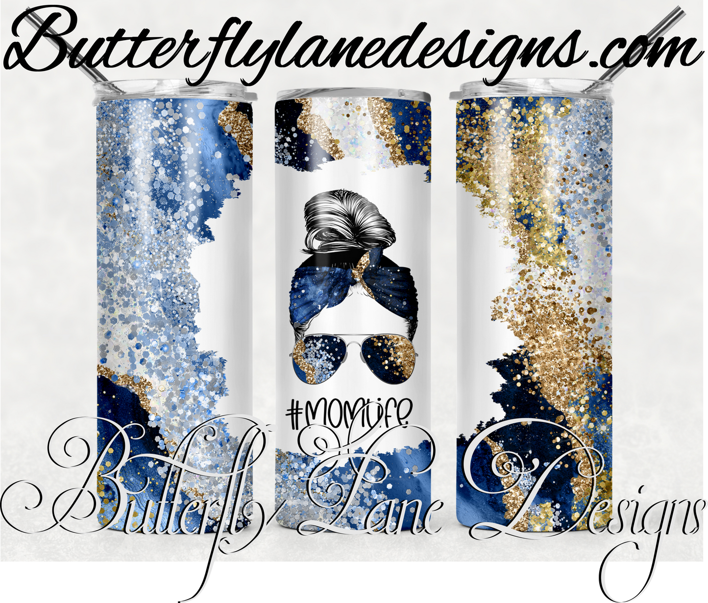 Blue gold glitter-mom life-messy bun-404-WM :: White Cast Tumbler wrap