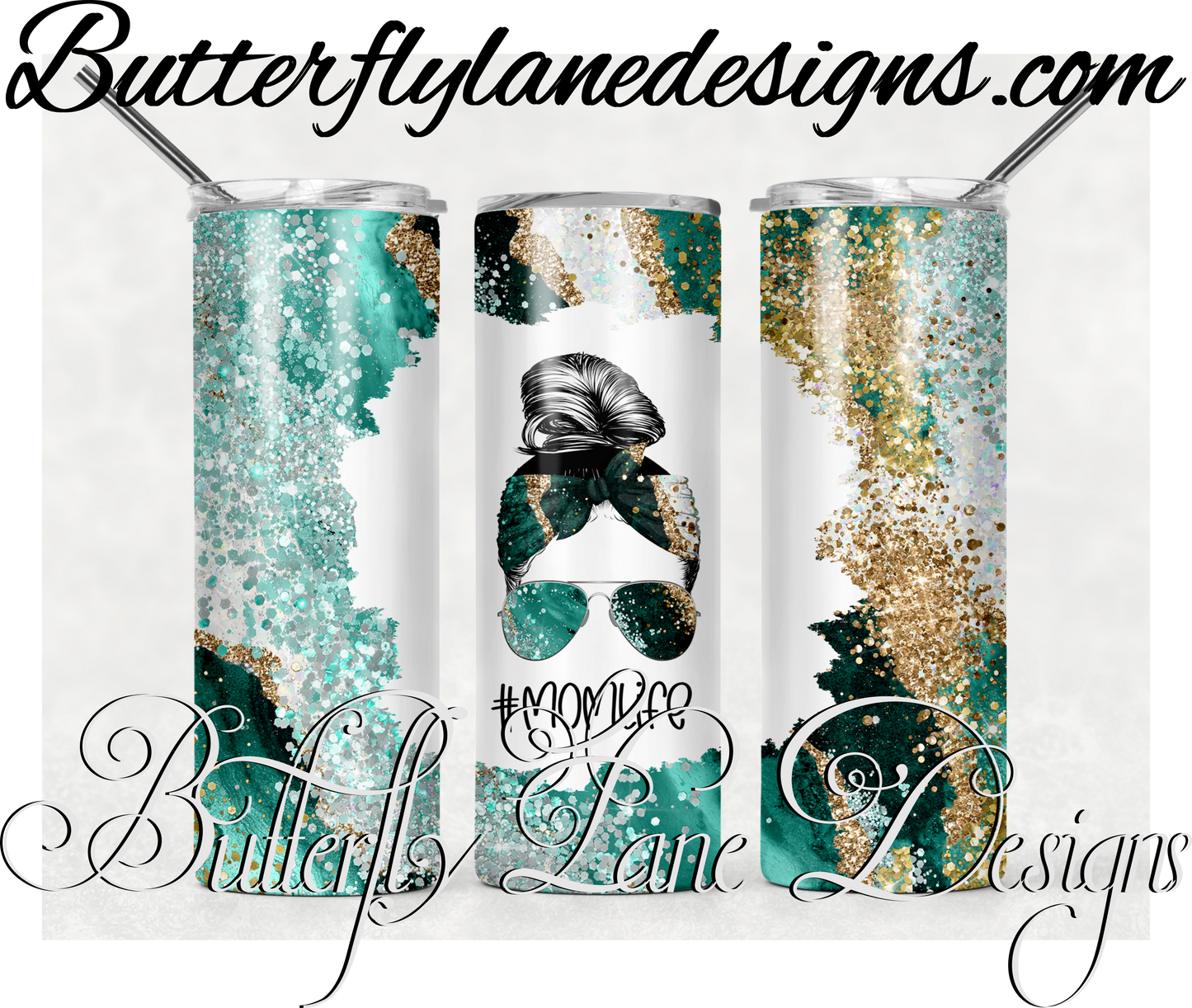 Teal glitter messy bun-405-WM :: White Cast Tumbler wrap
