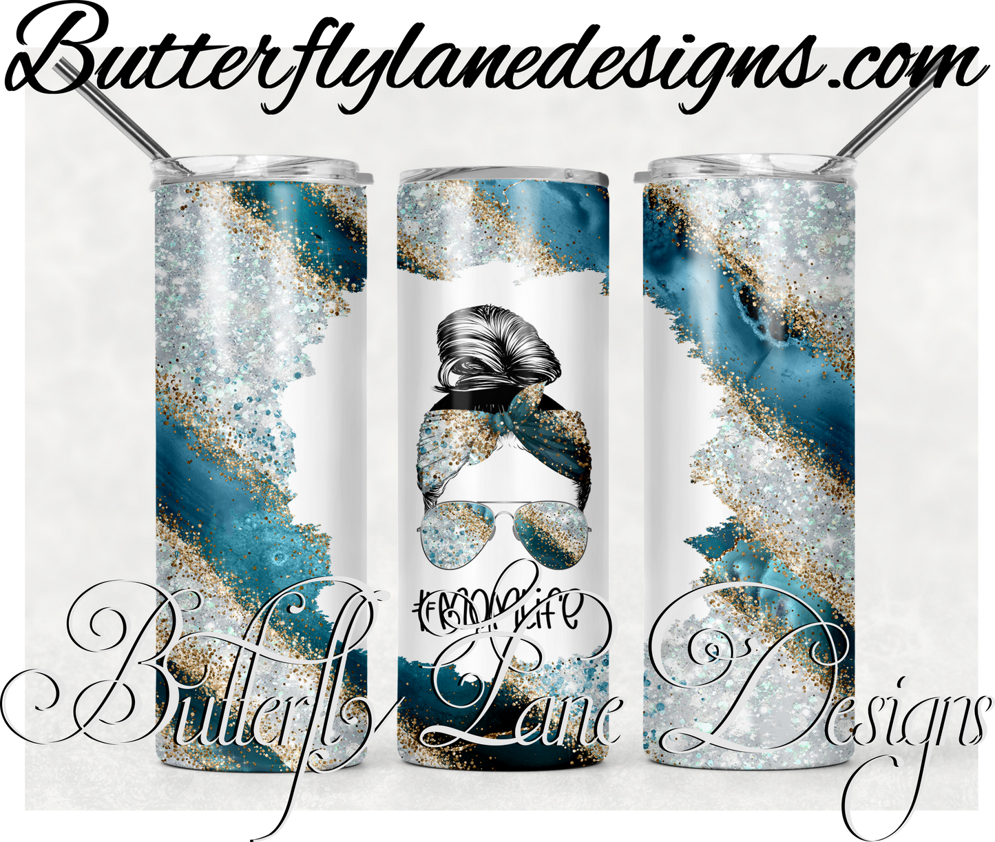 Turquoise-clear crystal-messy bun-mom life-413-WM :: White Cast Tumbler wrap