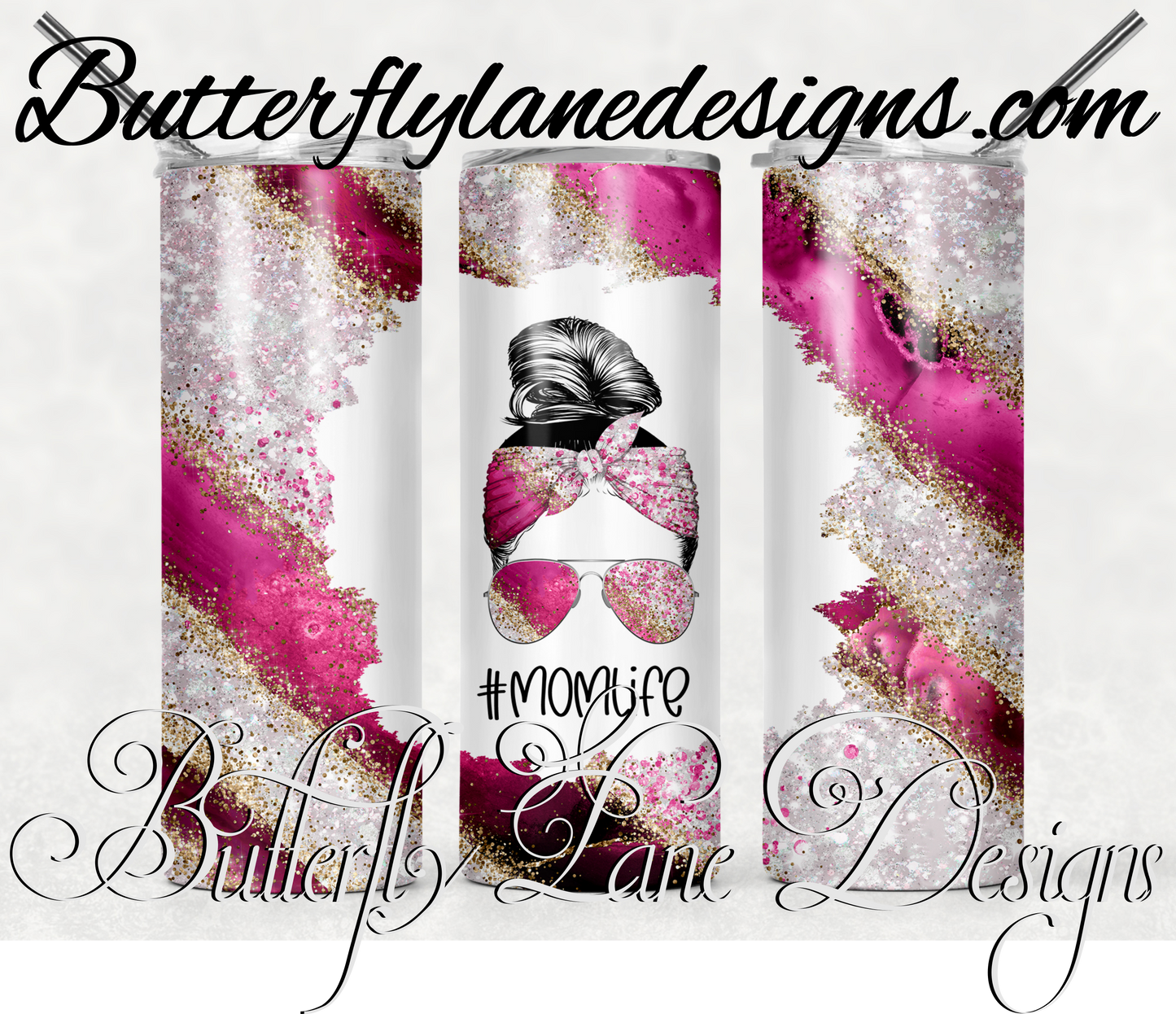 Hot pink-crystal-messy bun-mom life-415-WM :: White Cast Tumbler wrap