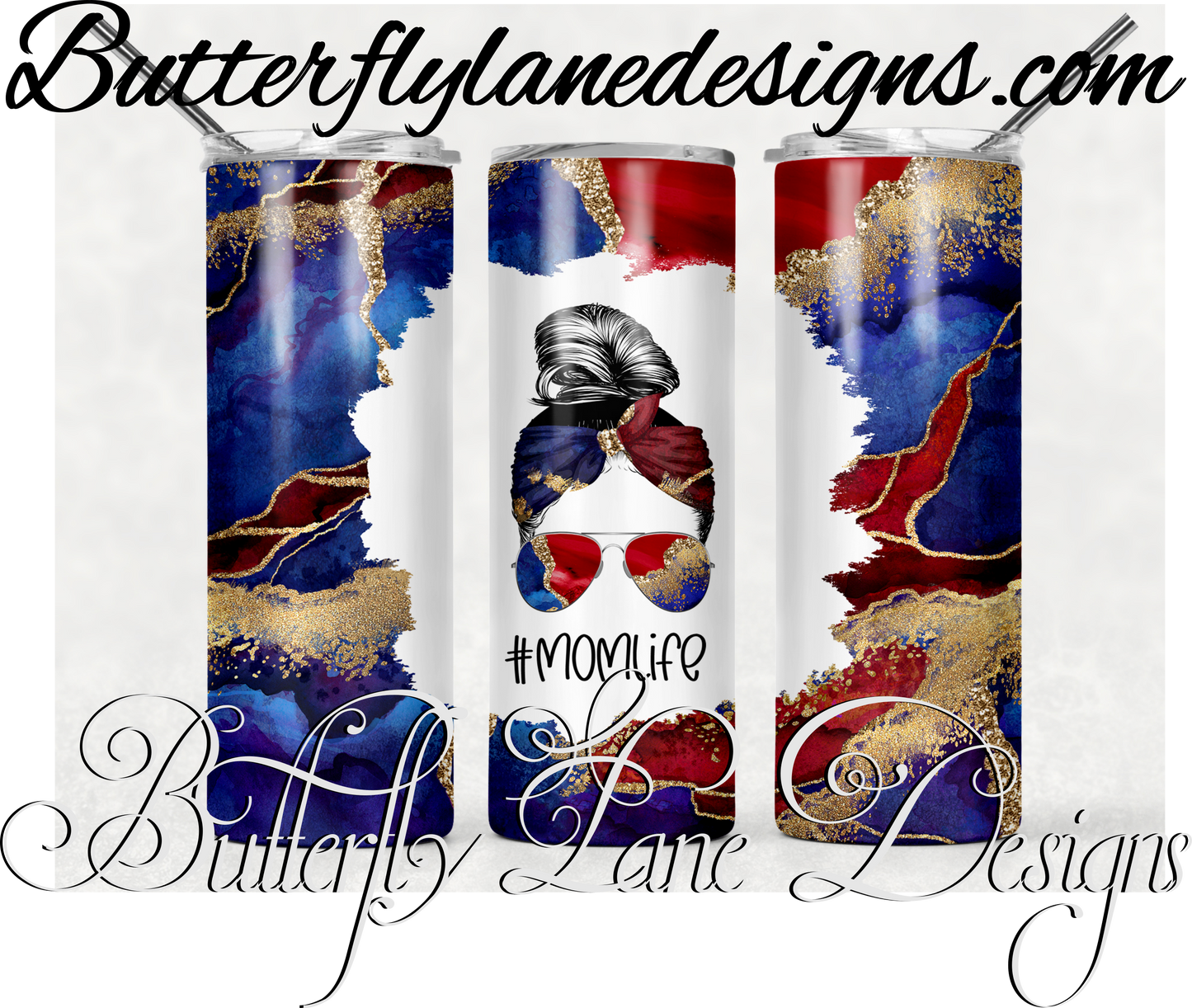 Mom life-Red blue gold-Messy bun-435-:: White Cast Tumbler wrap