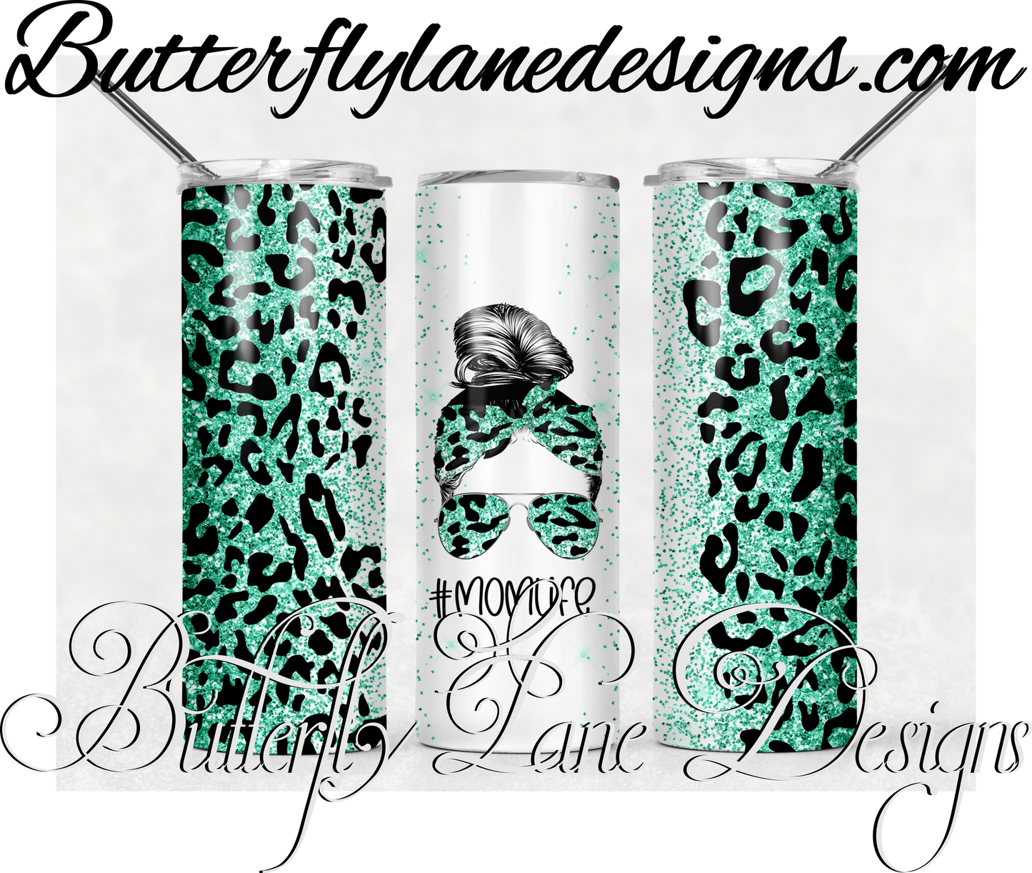 Teal Mom -Messy Bun-life leopard print-437-:: White Cast Tumbler wrap
