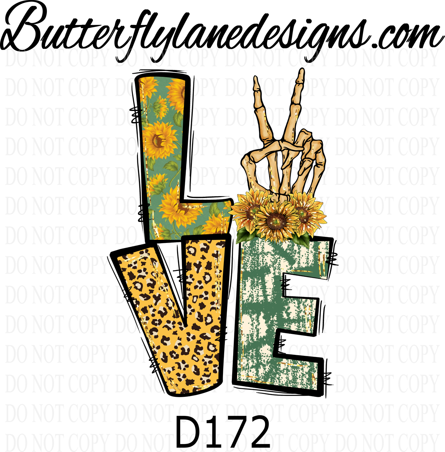 D172 Love-Sunflower skelly hand peace :: Clear Decal :: VC Decal