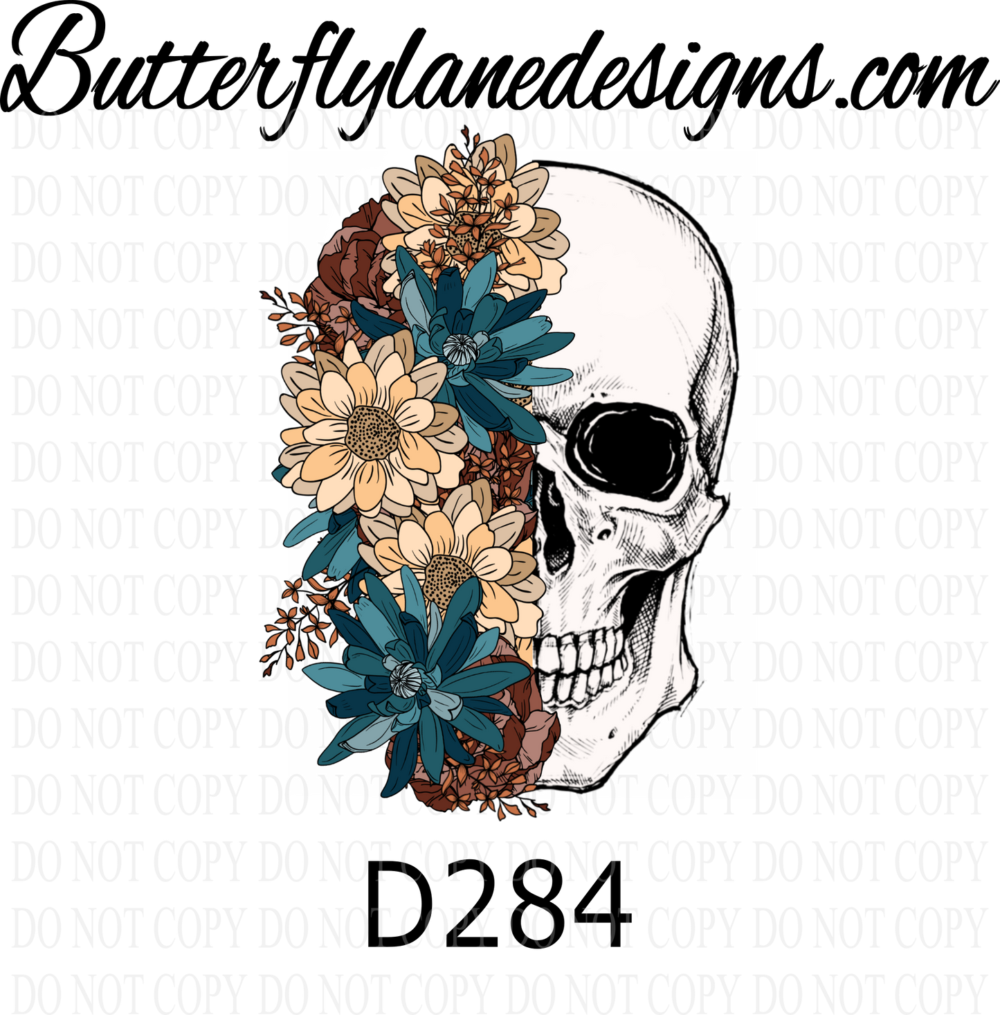 D284 Skull with earth tone florals :: Clear :: VC Decal