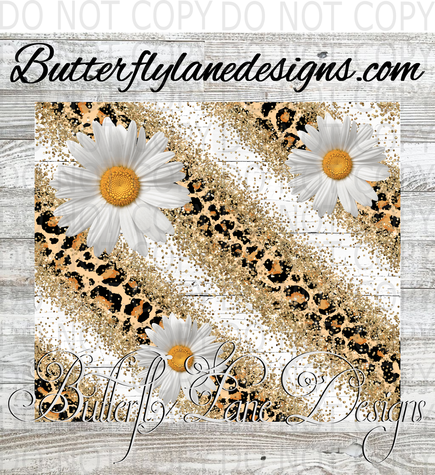 Leopard Print with gold glitter and white daisy--361a-WM :: White Cast Tumbler wrap