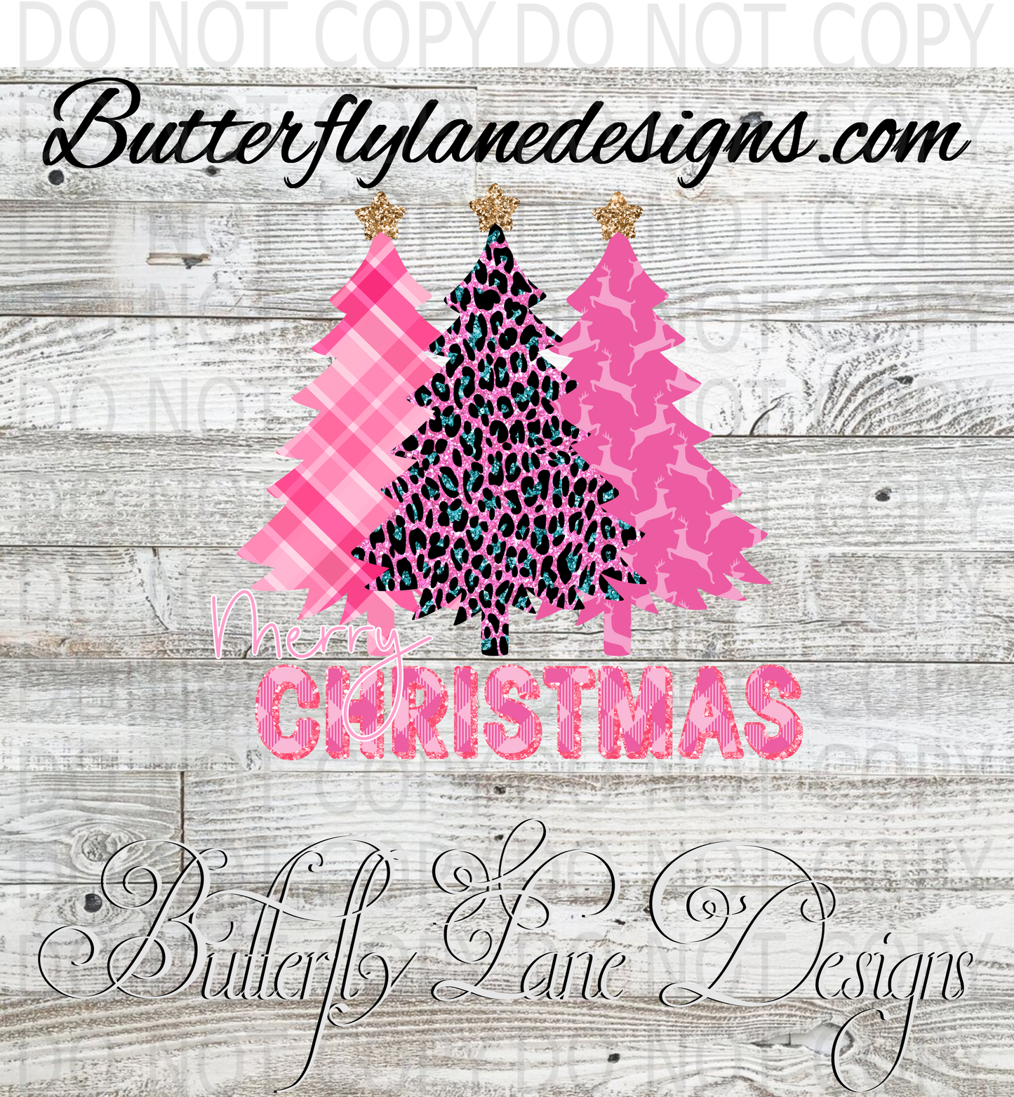 Merry Christmas Pink plaid-leopard trees- :: Clear Decal :: VC Decal