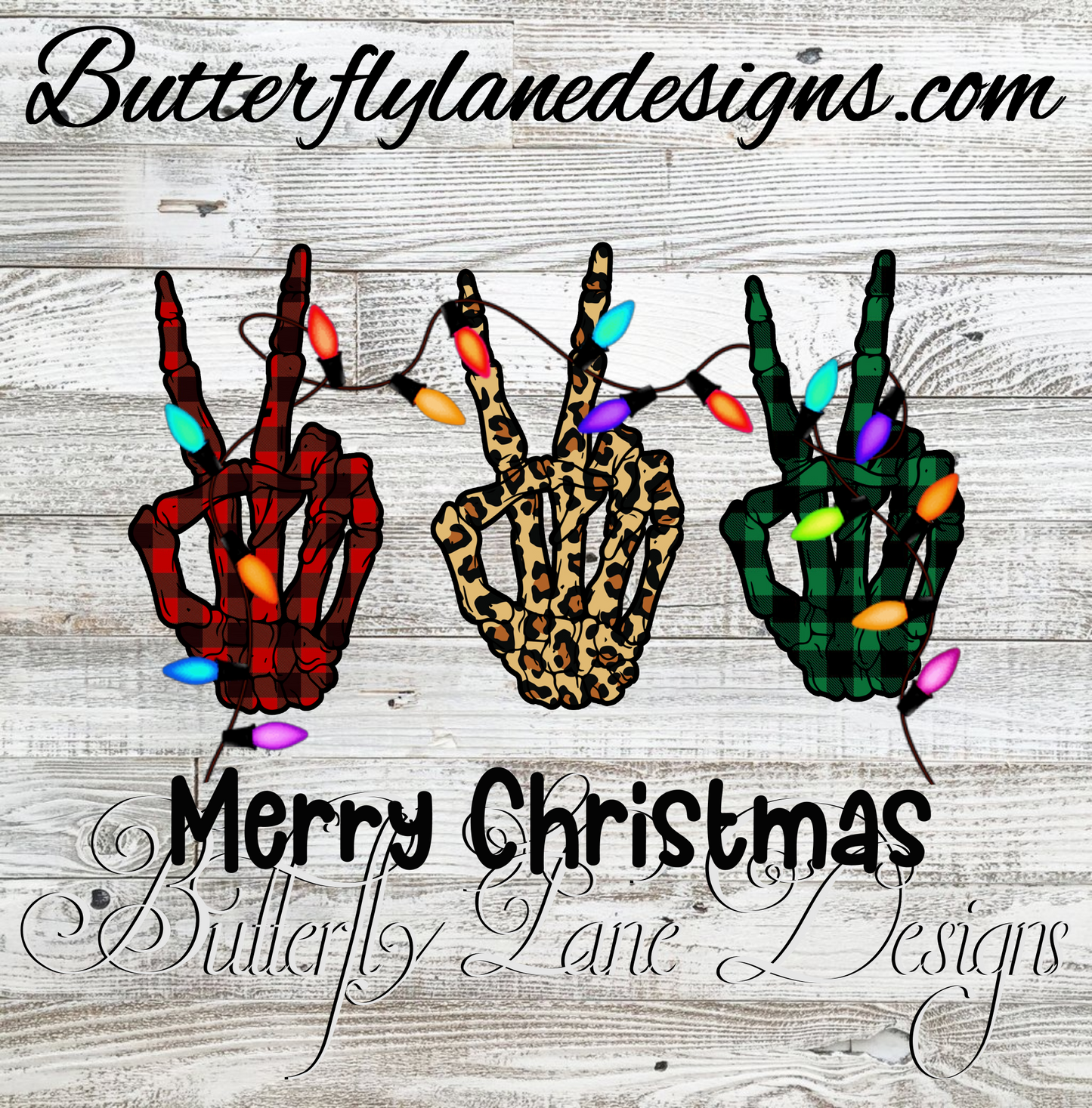 Merry Christmas Skelly Hands peace signs :: Clear Decal :: VC Decal