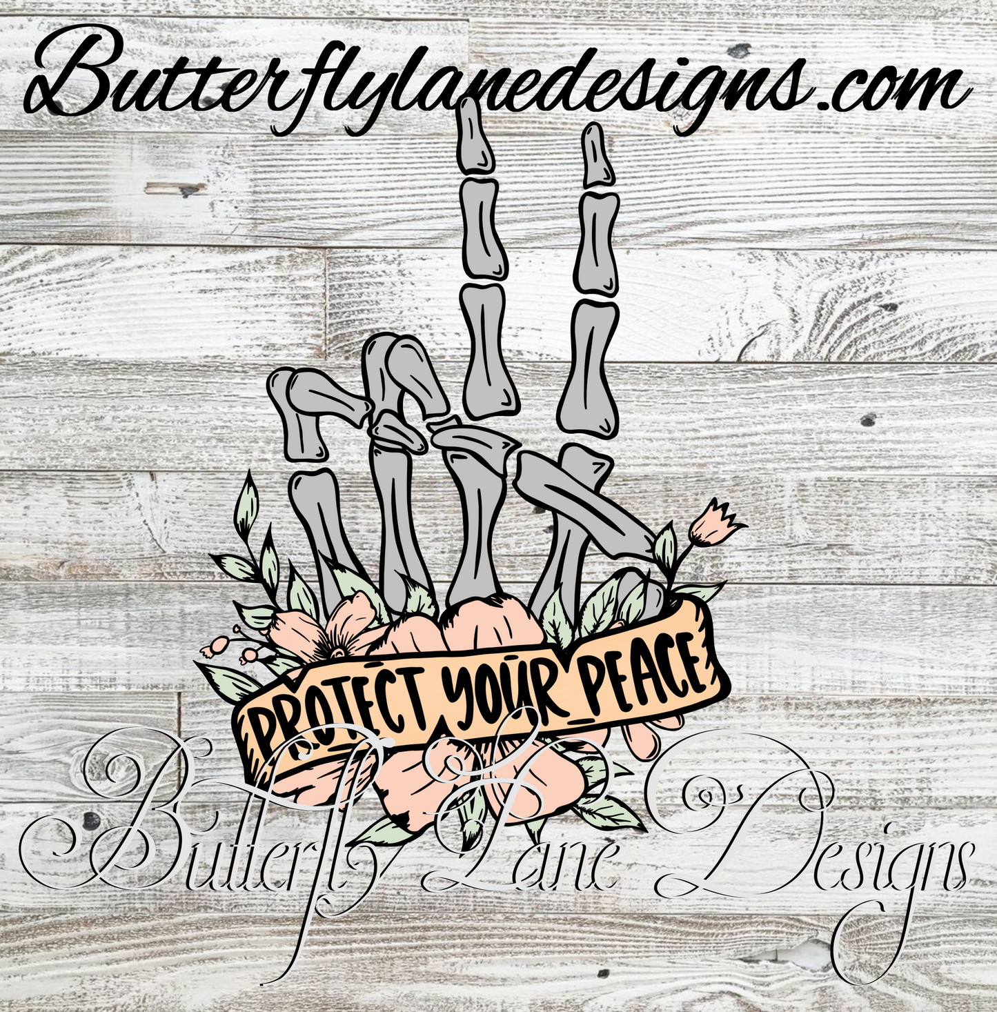 Protect your peace- Skelly hand with pinkish cream florals :: Clear Decal :: VC Decal
