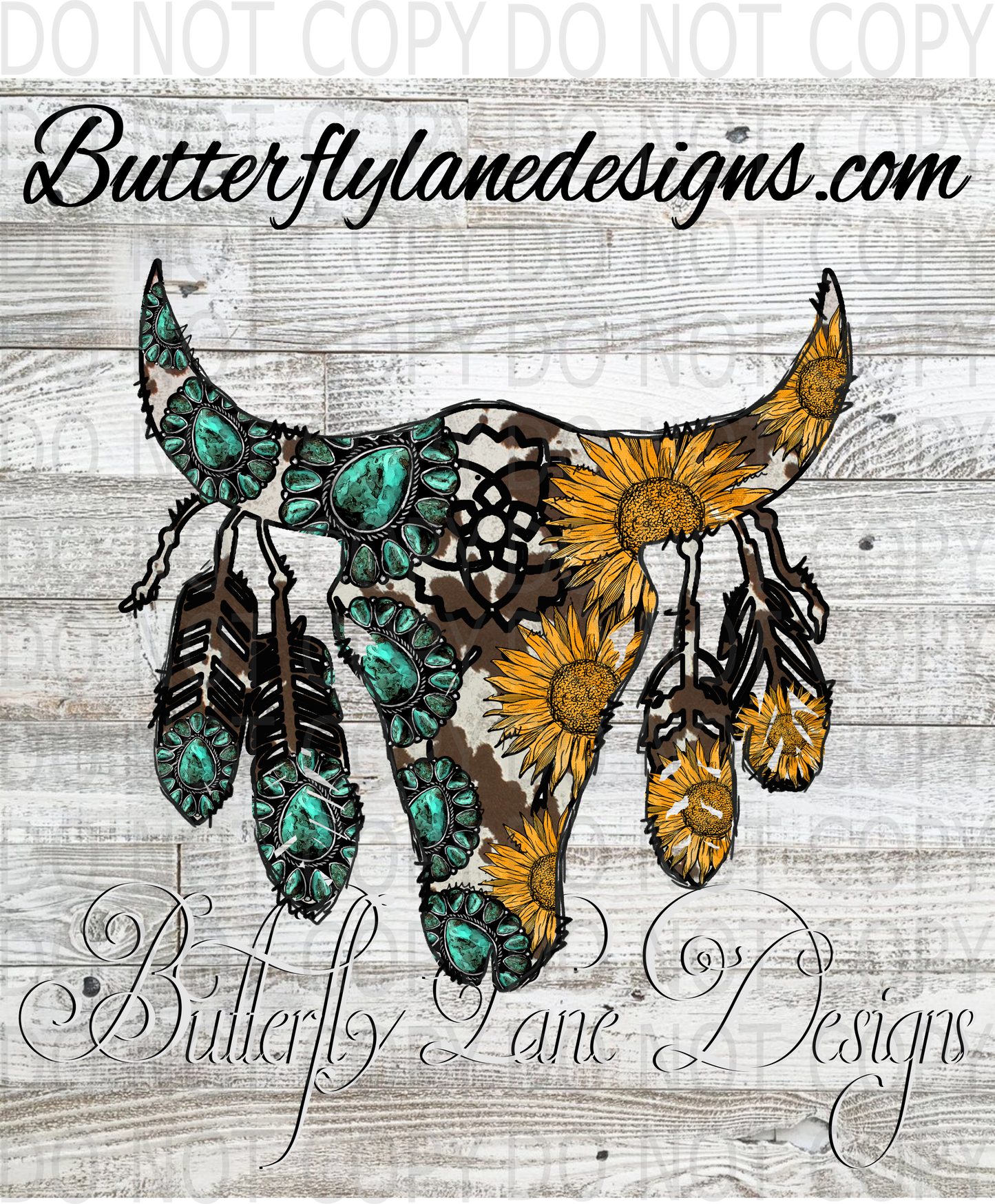 Sunflower-Turquoise bull skull with feathers :: Clear Decal :: VC Decal
