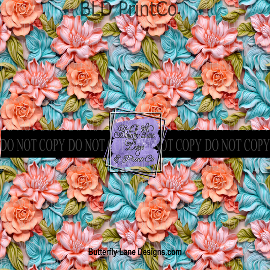 3D effect blue and peach florals PV 609- Patterned Vinyl