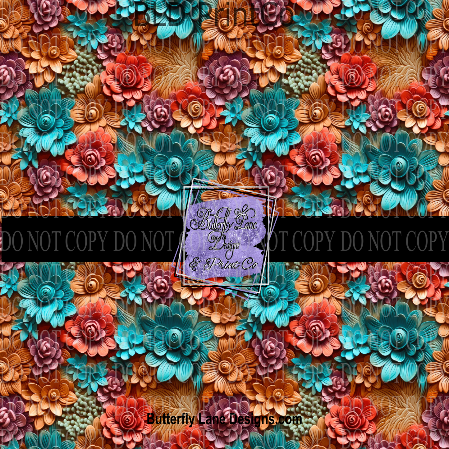 3D effect teal and burnt orange florals PV 610- Patterned Vinyl