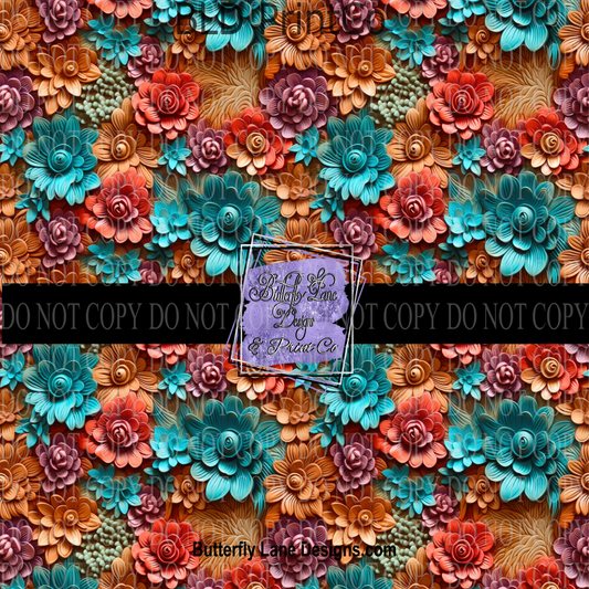 3D effect teal and burnt orange florals PV 610- Patterned Vinyl