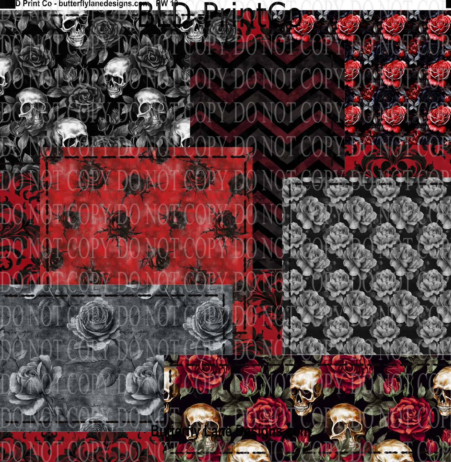 Goth Skulls & Roses patchwork -black stitching BLD - PW13