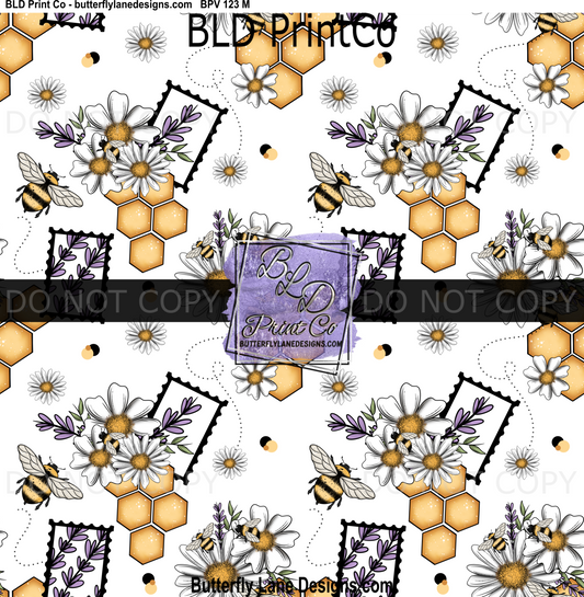 Honey Bee & Lavender Botanical | Daisy Honeycomb Seamless Pattern | BPV123