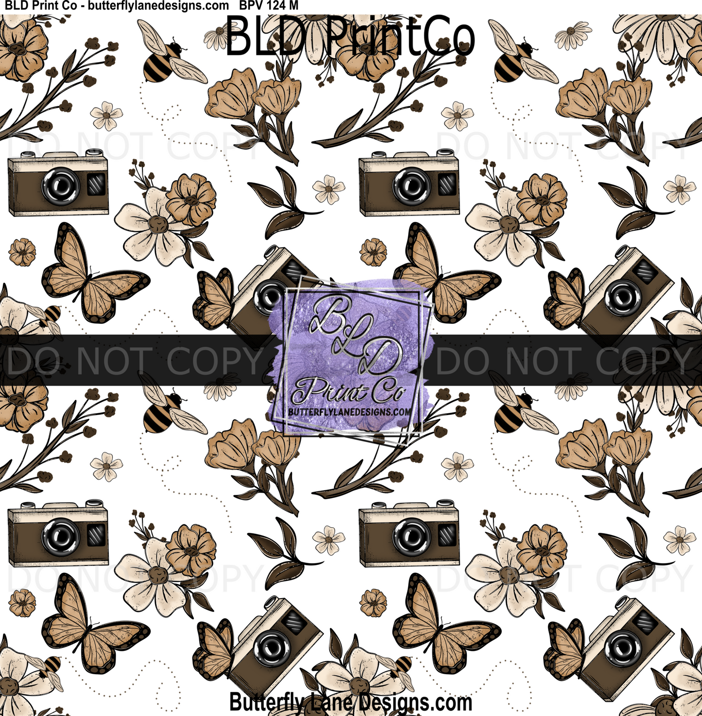 Vintage Soul Camera & Botanical | Retro Butterfly Sepia Seamless Pattern | BPV124